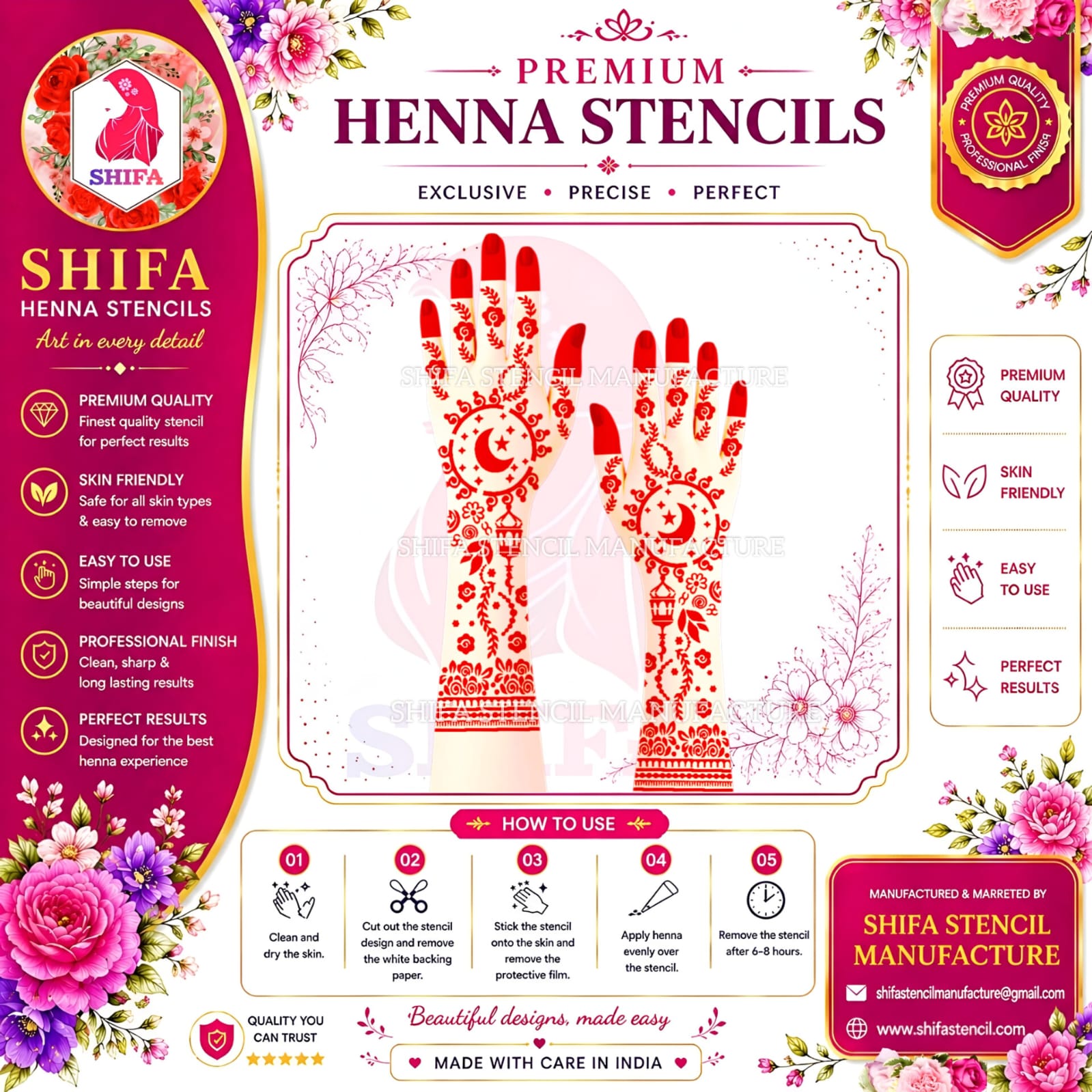 N 32 Midnight Lantern Bloom Instruction Henna Stencil