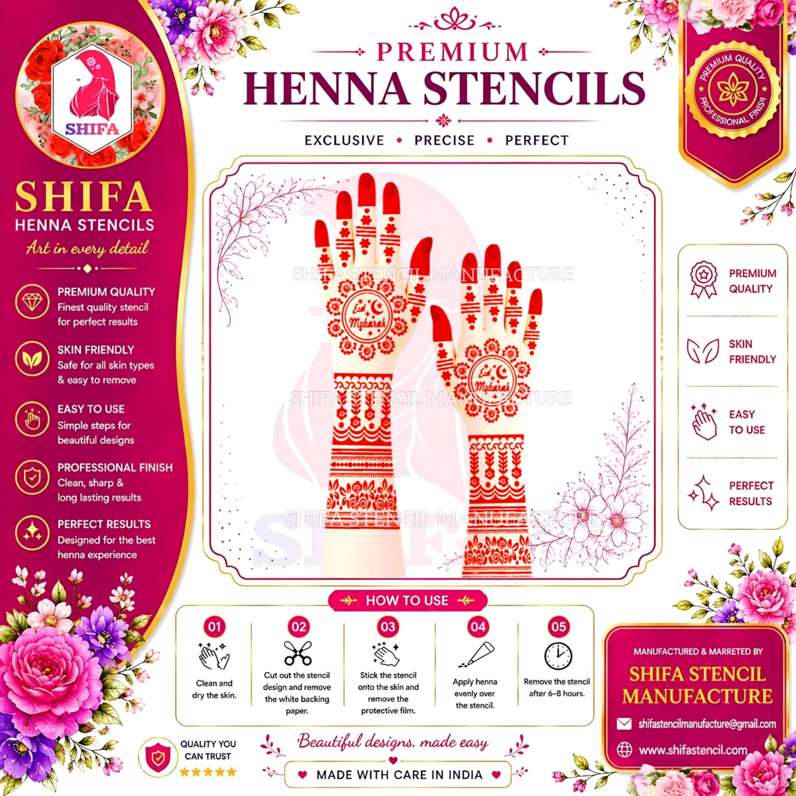 N 38 Mubarak Moon Floral Henna Instruction Henna Stencil
