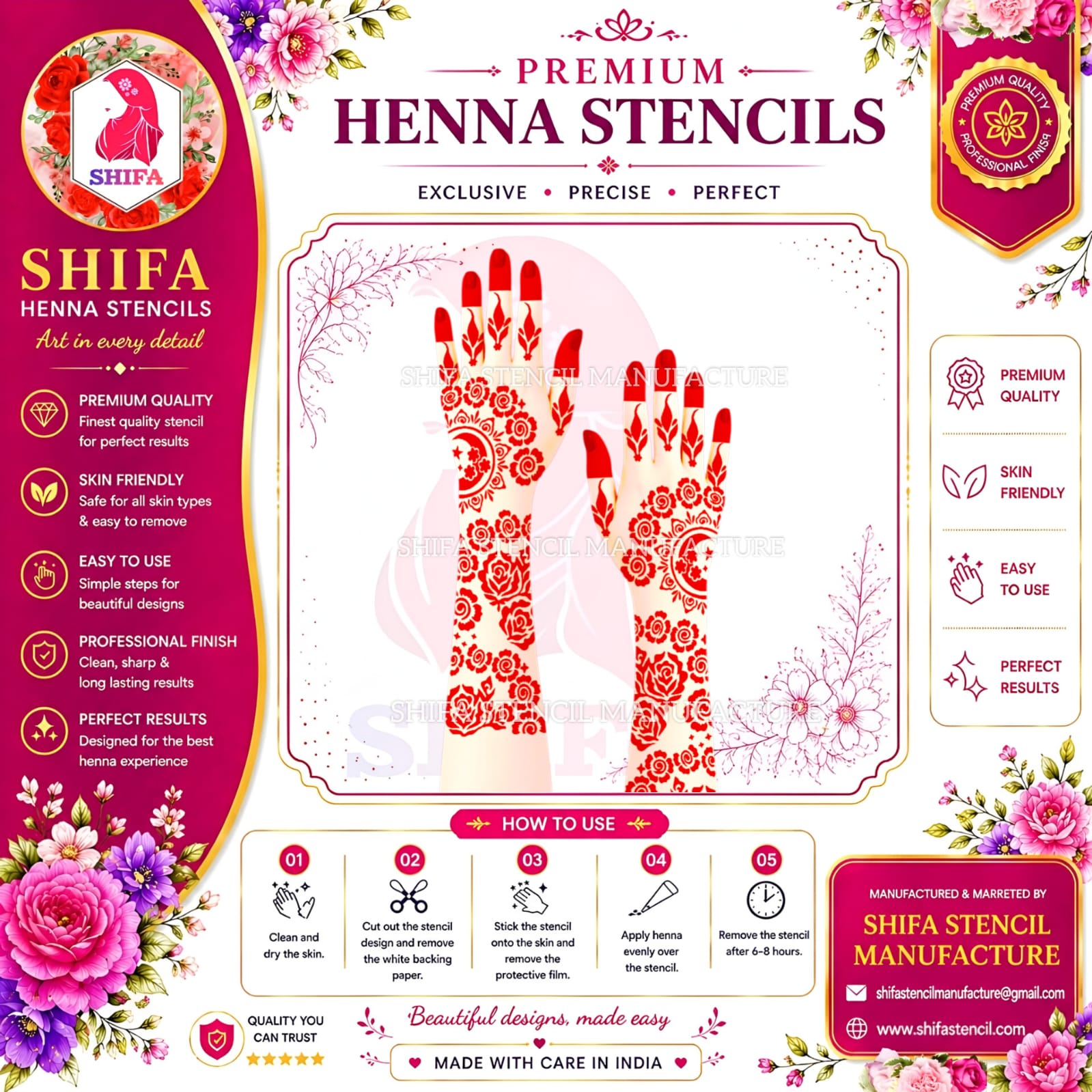 N 43 Rose & Moon Celestial Cascade Instruction Henna Stencil