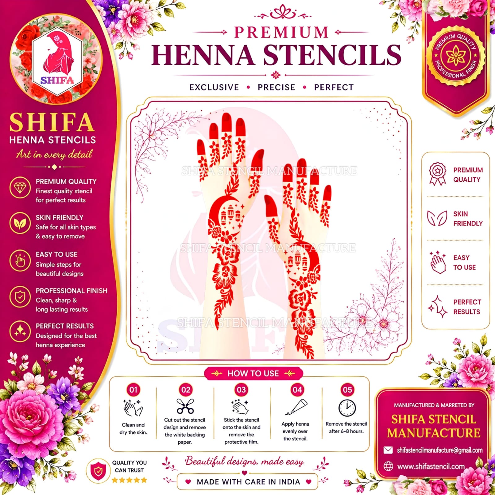 N 45 Aura Crescent Vines Instruction Henna Stencil