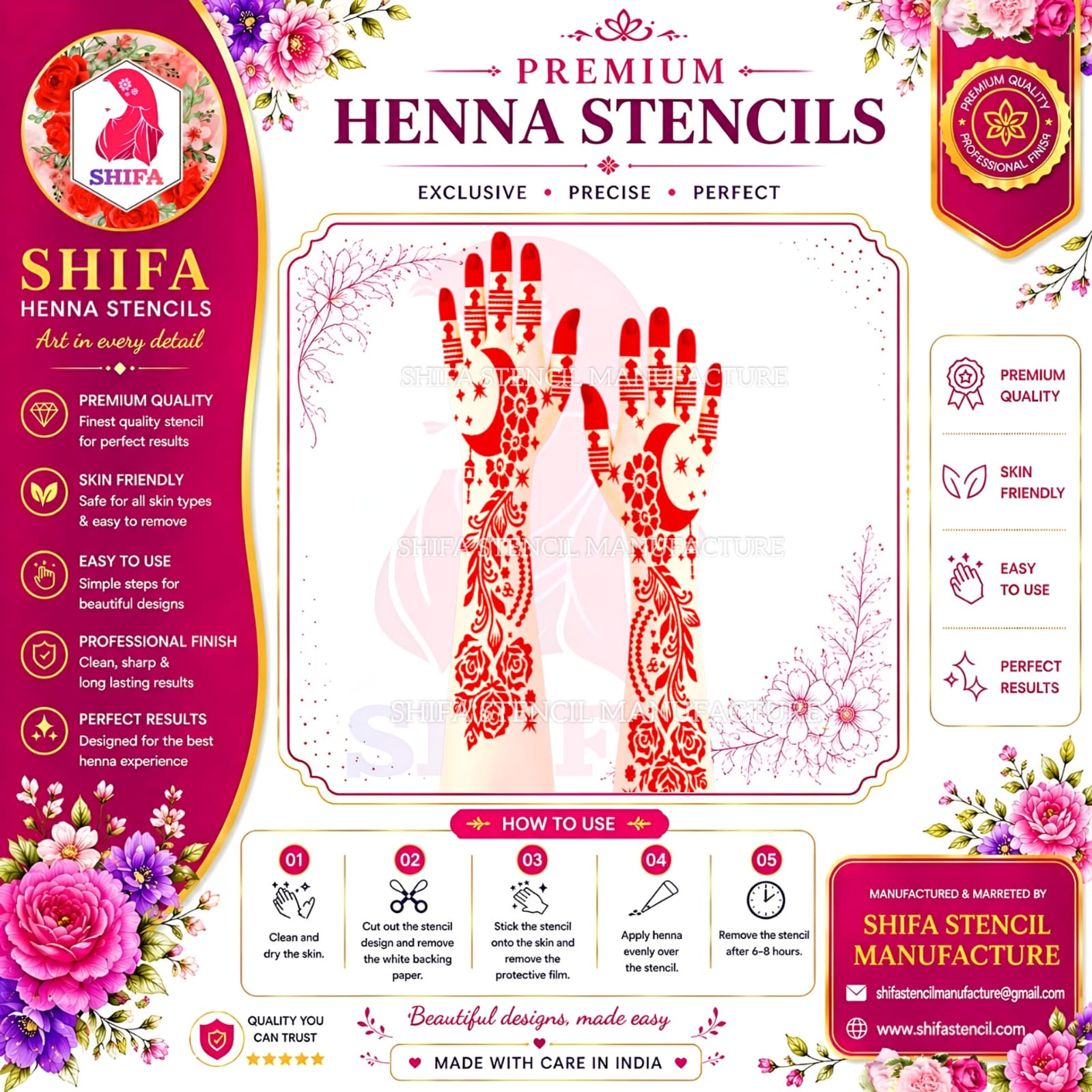 N 8 Crescent Bloom Eleganza Instruction Henna Stencil
