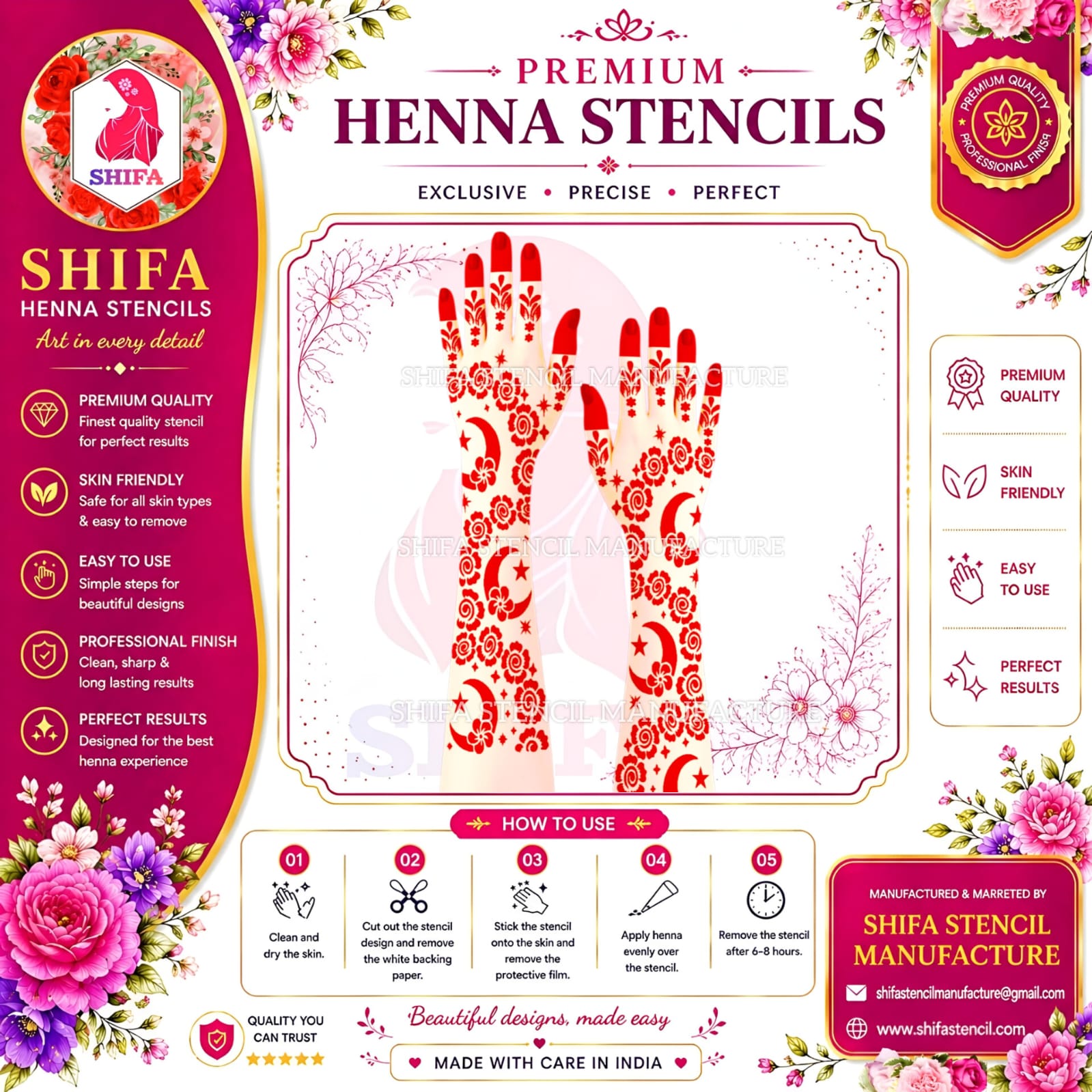 N 11 Starry Crescent Garden Instruction Henna Stencil
