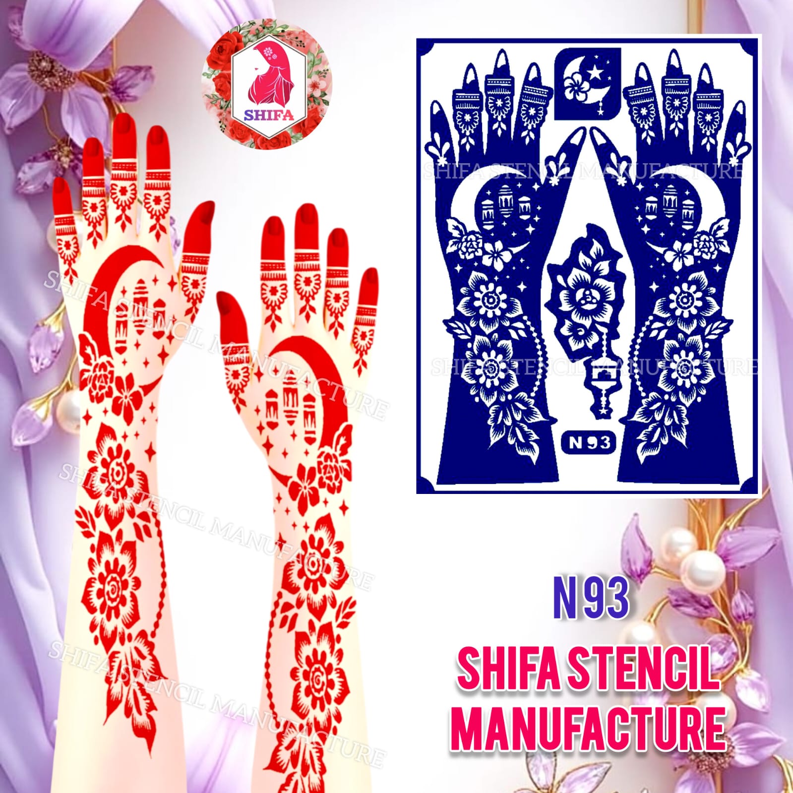 N 93 Lanterns & Crescent Vines Henna Stencil Instruction Henna Stencil - Shifa Stencil