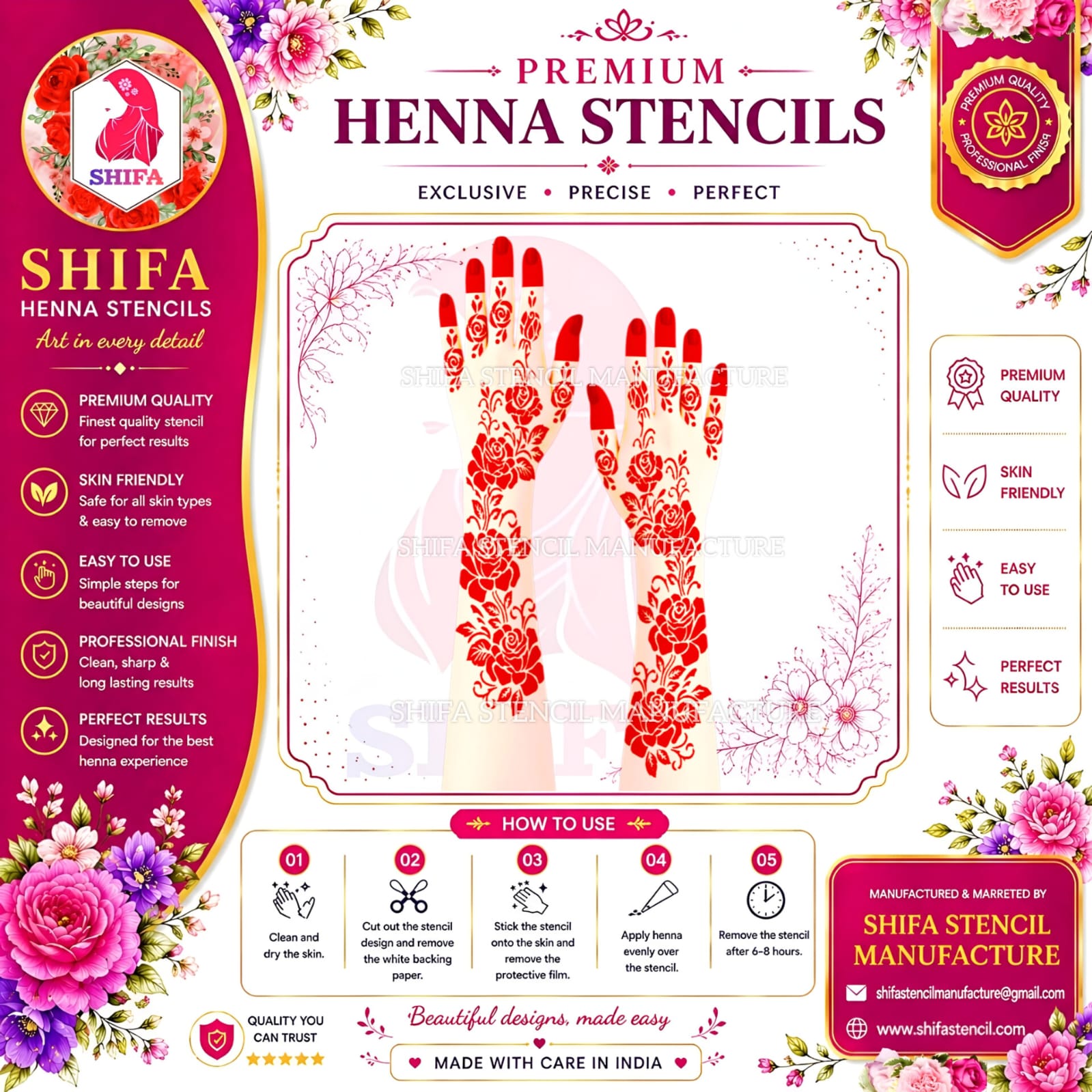 N 78 Majestic Rose Cascade Instruction Henna Stencil