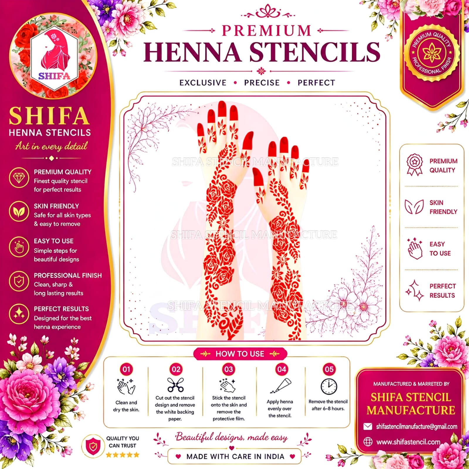 L 1 Rose Leafy Design Instruction Henna Stencil