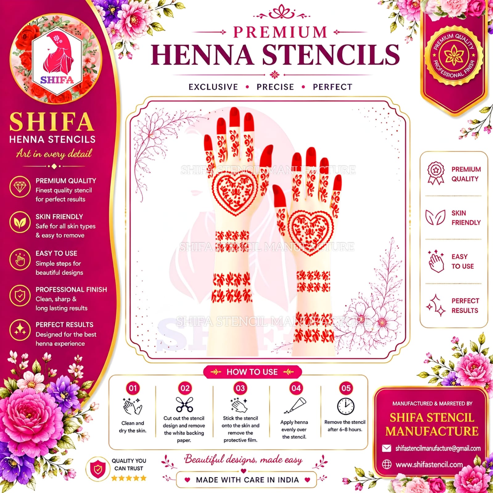 L52 Heart Blossom Charm Instruction Henna Stencil