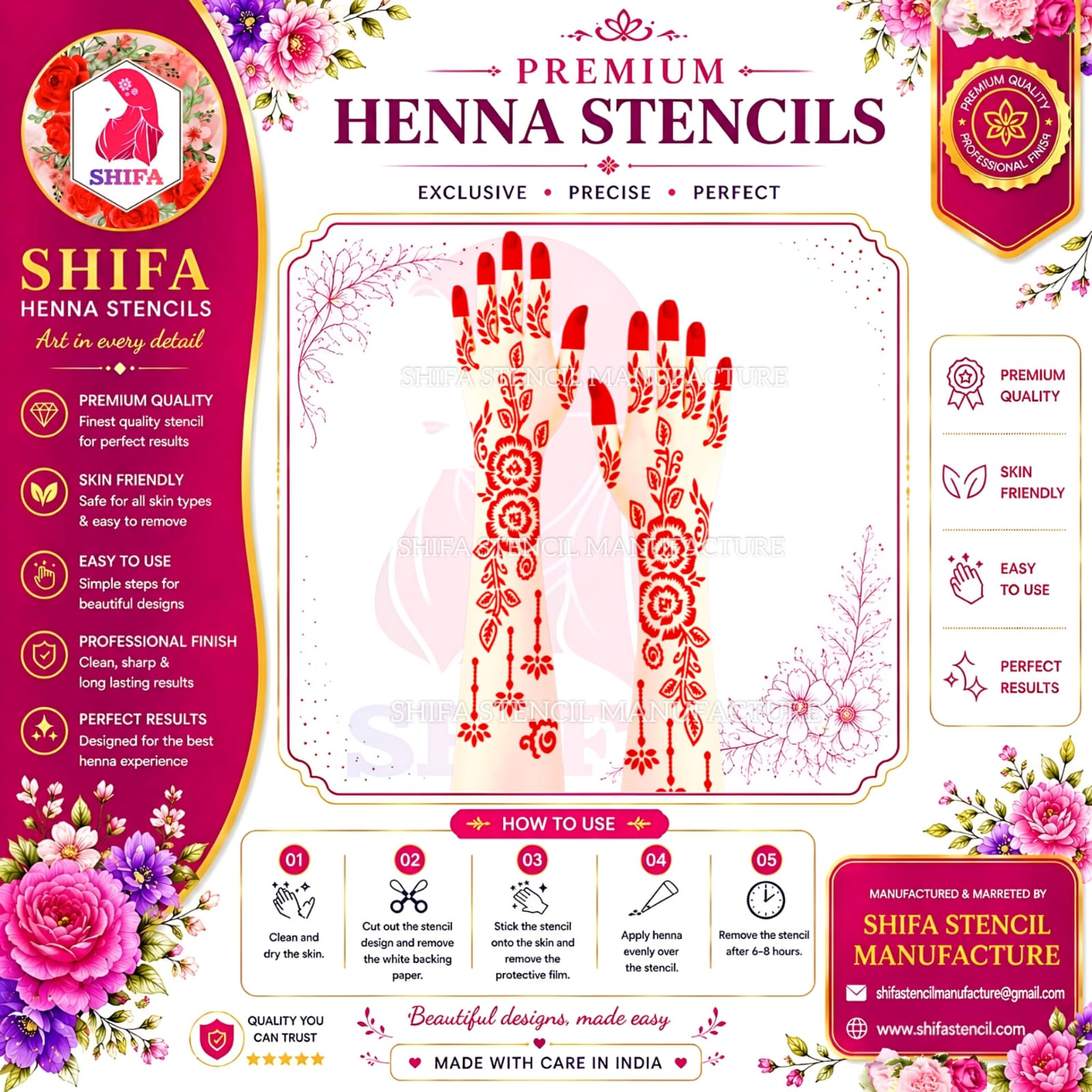 N79 Elegant Floral Vines Henna Design Instruction Henna Stencil