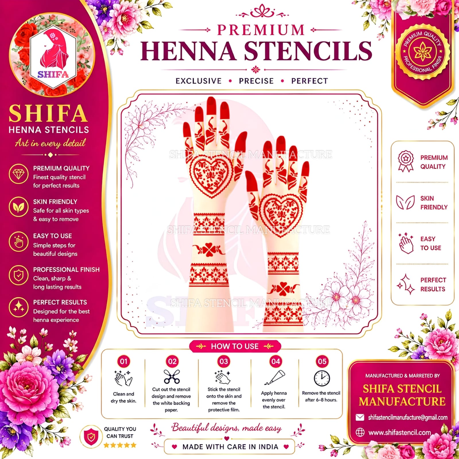 L 123 Heart Blossom Charm Instruction Henna Stencil
