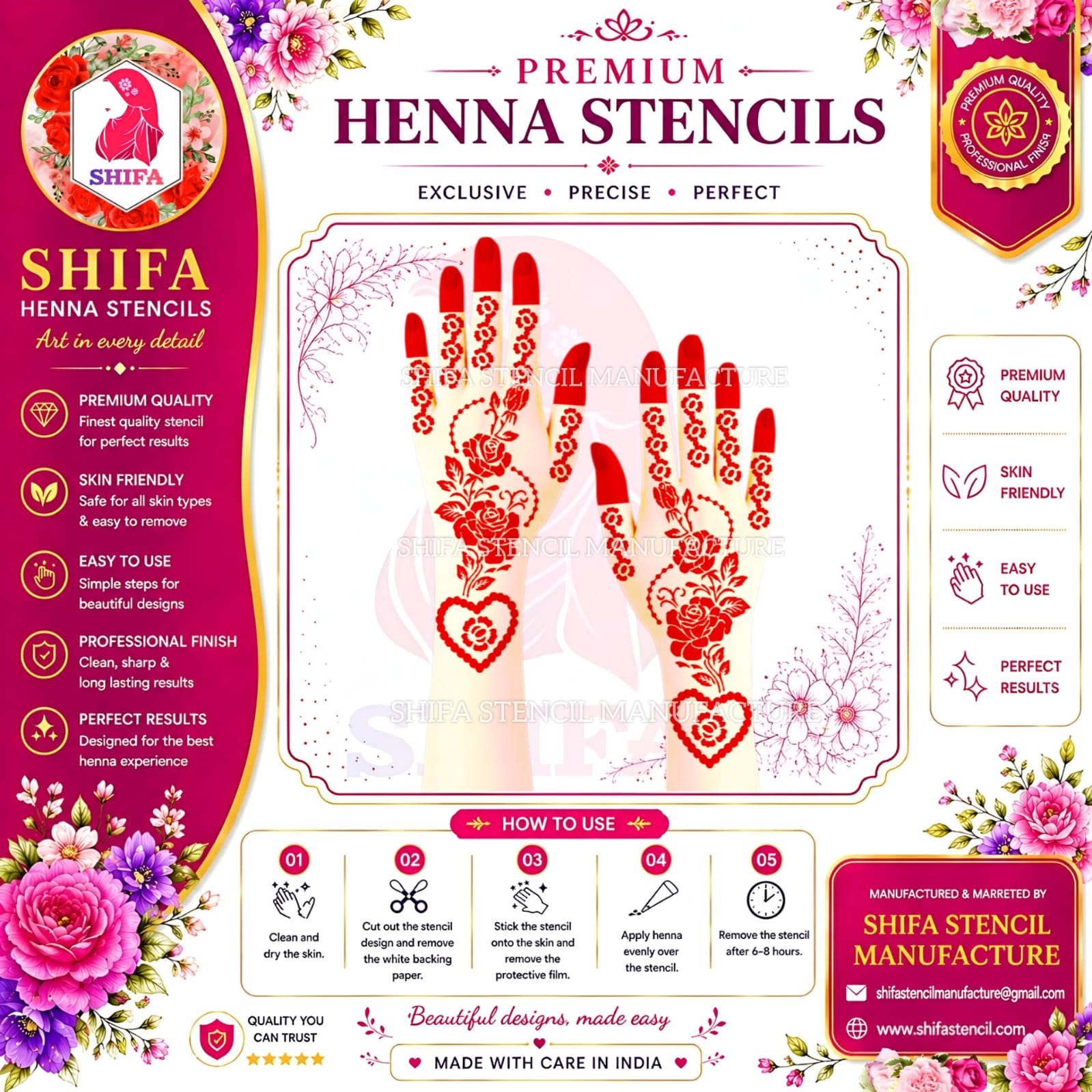 S 90 Floral Heart Trail Design Instruction Henna Stencil