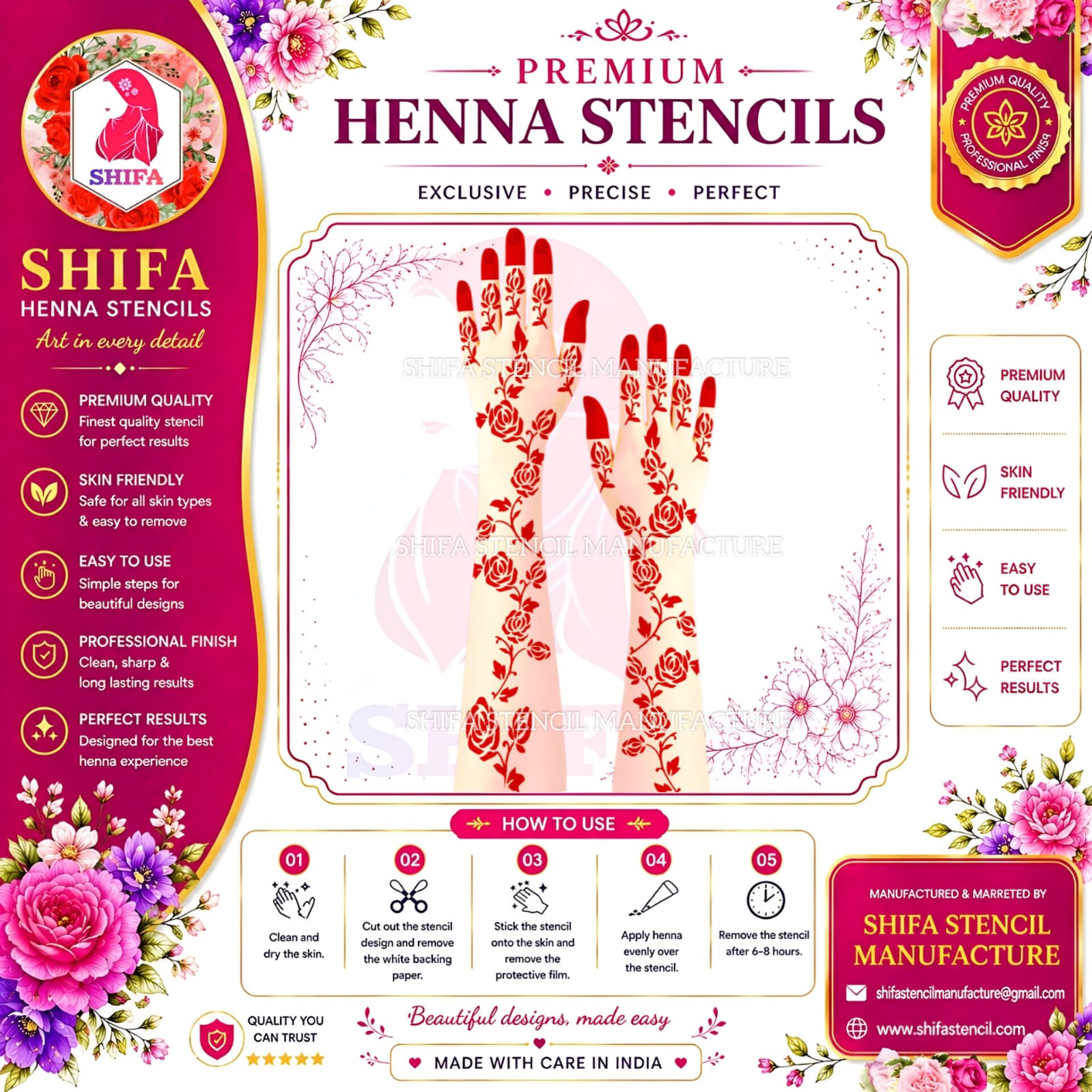 L 90 Elegant Rose Vine, Instruction Henna Stencil