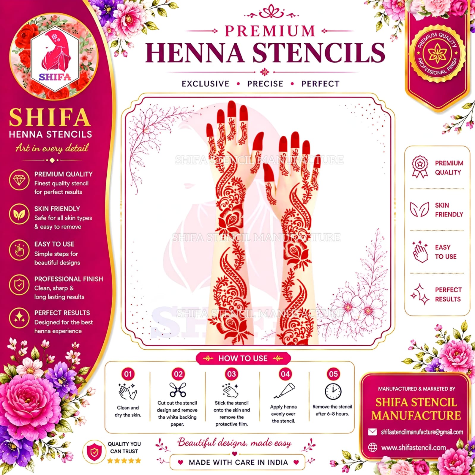L 116 Rose & Scroll Instruction Henna Stencil