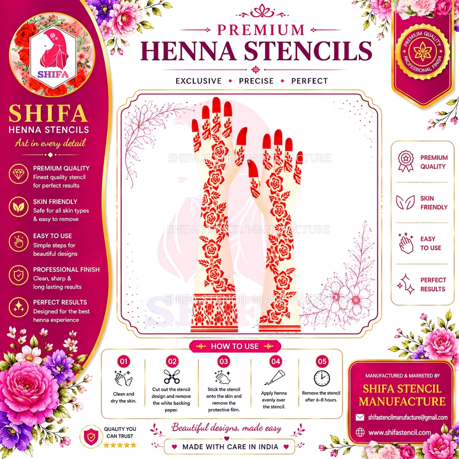 BL 141 Scarlet Bloom Trail Instruction Henna Stencil