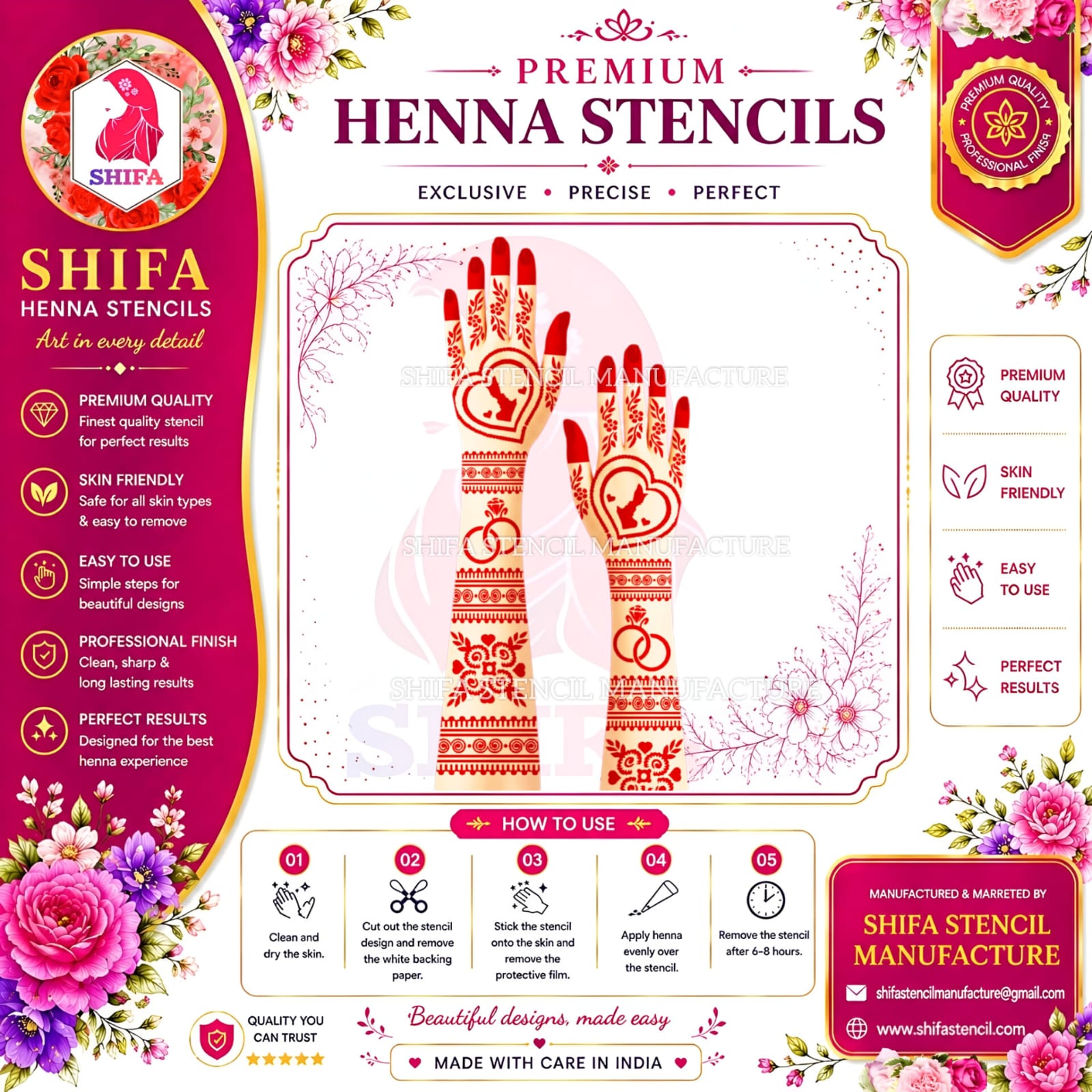 BSL 61 Bride & Groom faced Ring Themed Design Instruction Henna Stencil