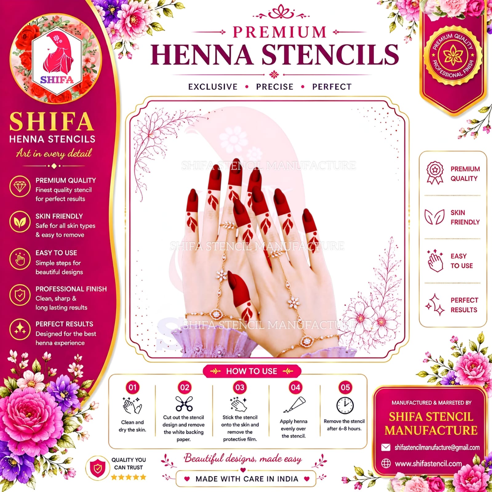 F 32 Trio Leaf Cascade Instruction Henna Stencil