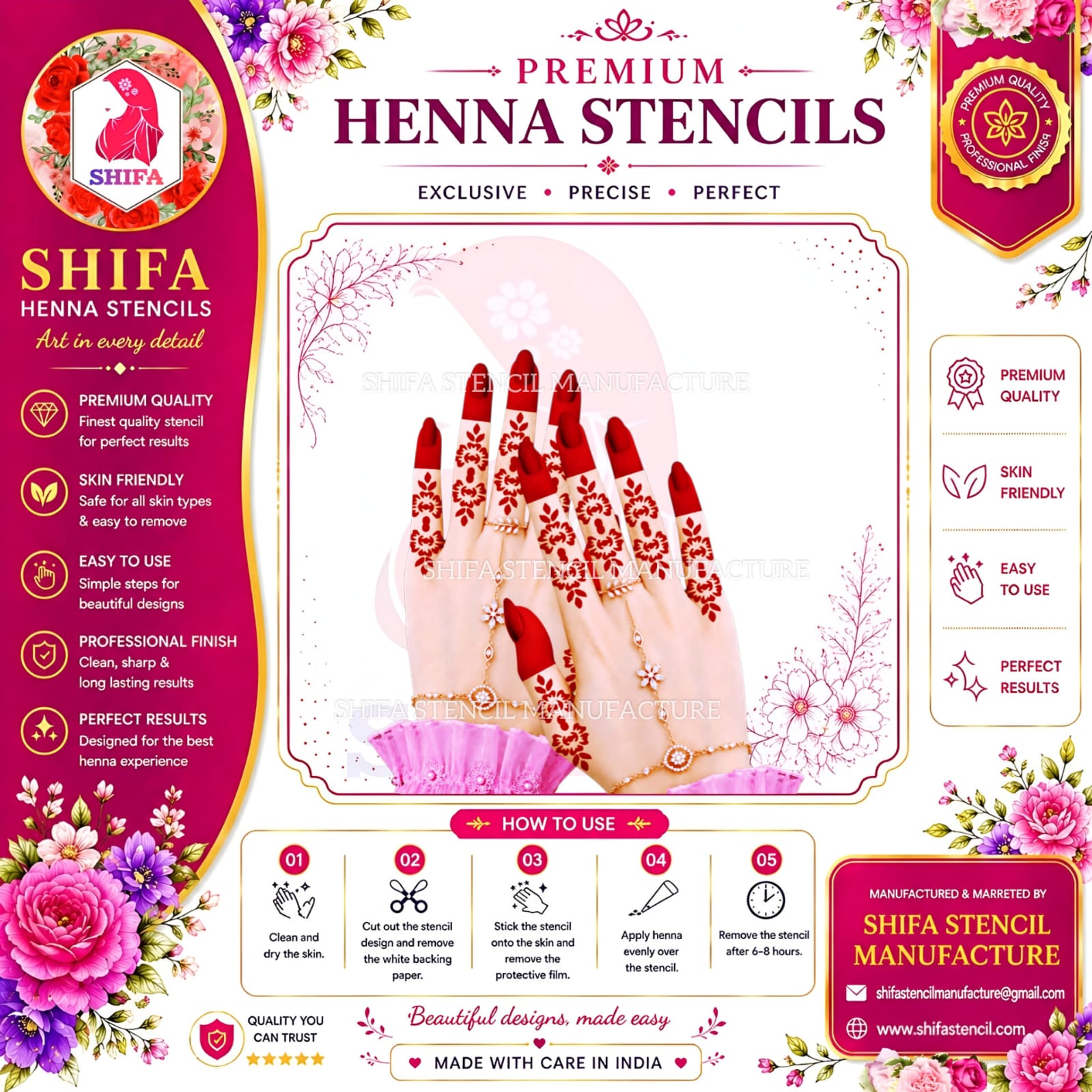 BF4 Finger Mehndi Stencil | Premium Floral Pattern | Shifa Stencil Manufacture Instruction Henna Stencil