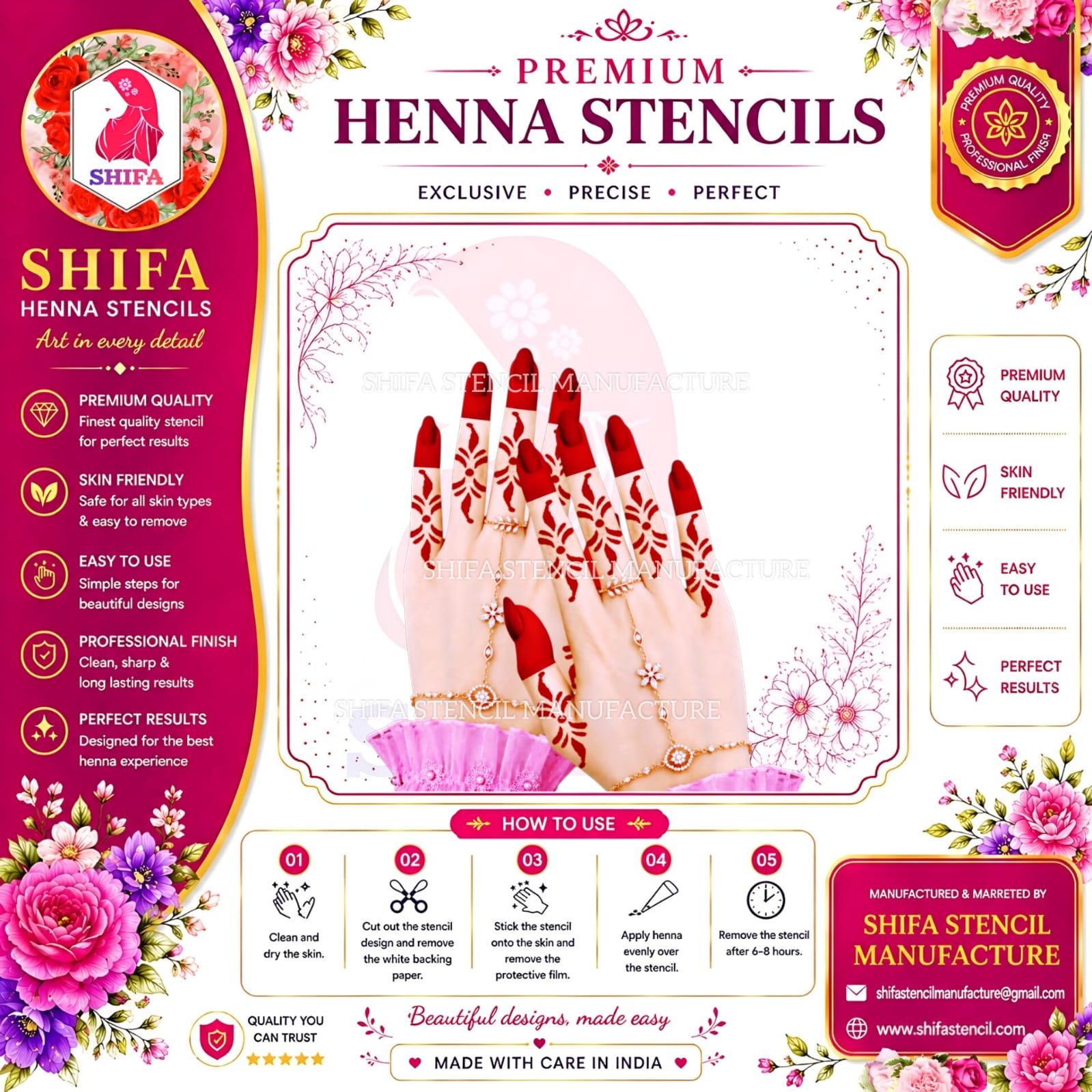 BF3 Finger Mehndi Stencil | Simple Floral Design | Shifa Stencil Manufacture Instruction Henna Stencil