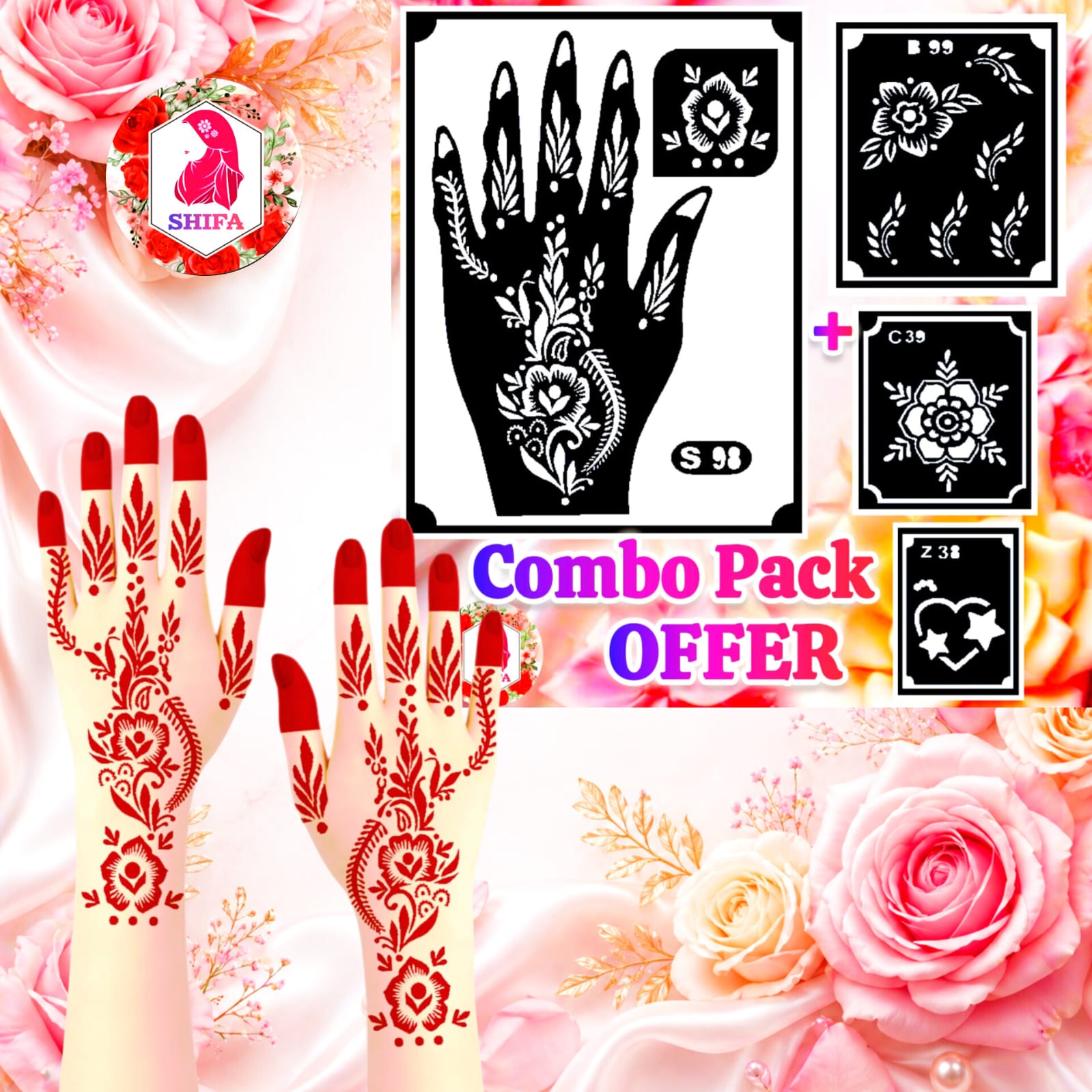 S98 Combo Henna Stencil Pack with B99 C39 Z38 | Bridal Mehndi Design Stencils Instruction Henna Stencil