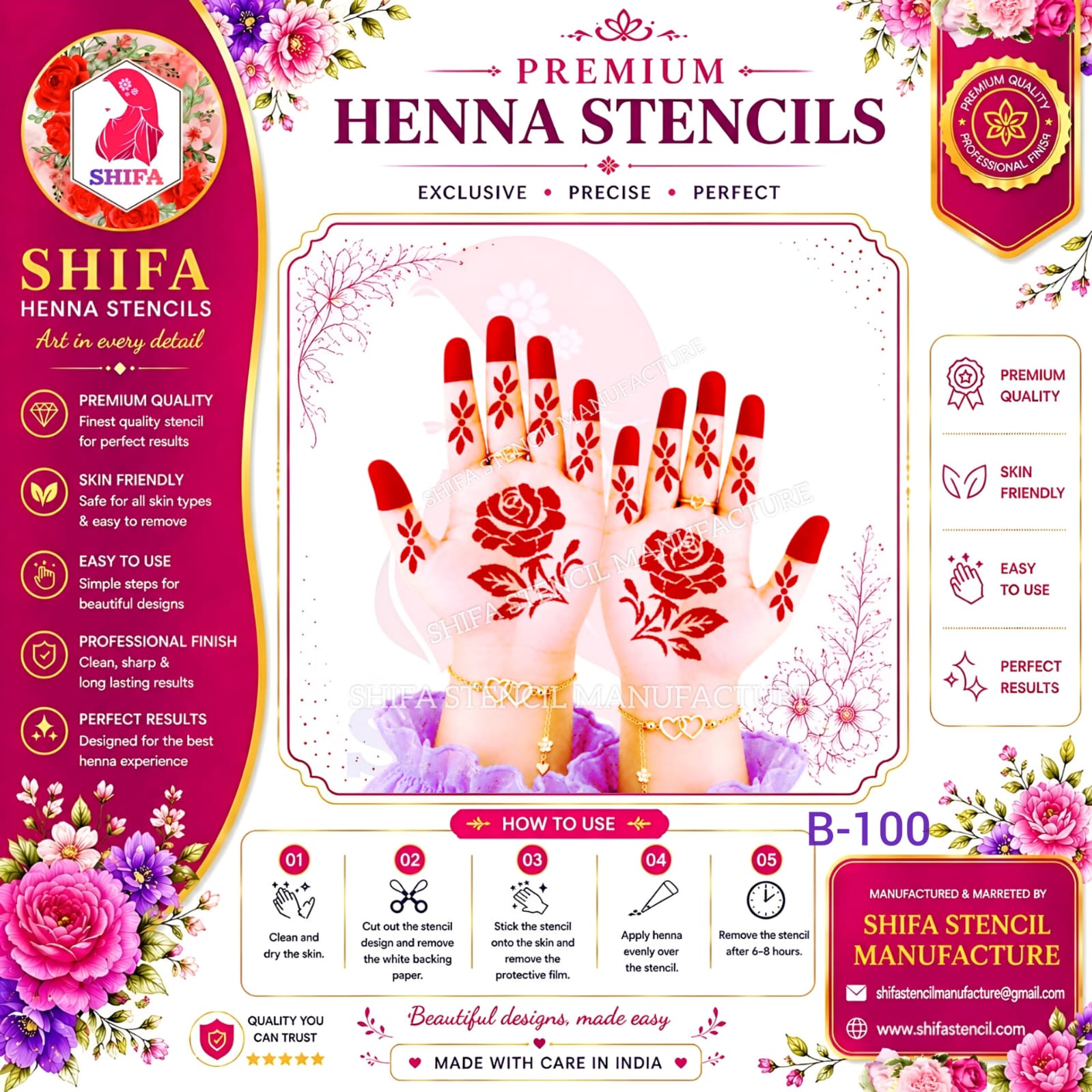 B100 Rose Floral Hand Mehndi Stencil | Reusable Henna Design Rose Floral Hand Stencil – B100 (2) Henna Stencil