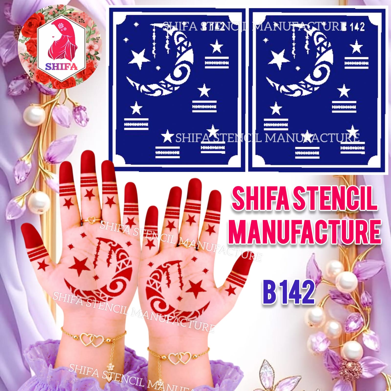 B142 Decorative Crescent Moon & Star Mehndi Stencil | Reusable Henna Design - 142 - Shifa Stencil Manufacturer
