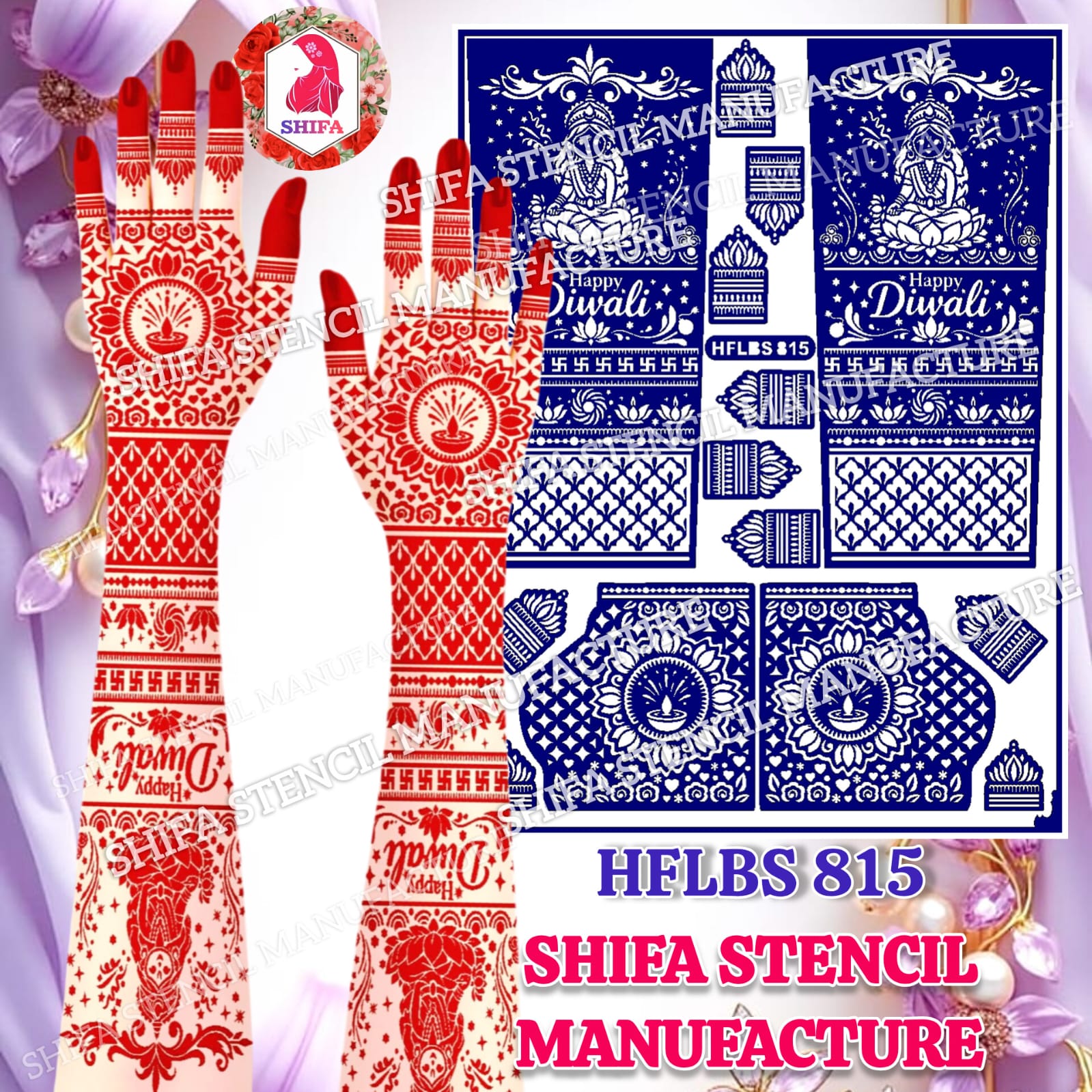 Happy Diwali Goddess Lakshmi & Diya Mandala Full Hand Mehndi Stencil (HFLBS 815) - 815 - Shifa Stencil Manufacturer
