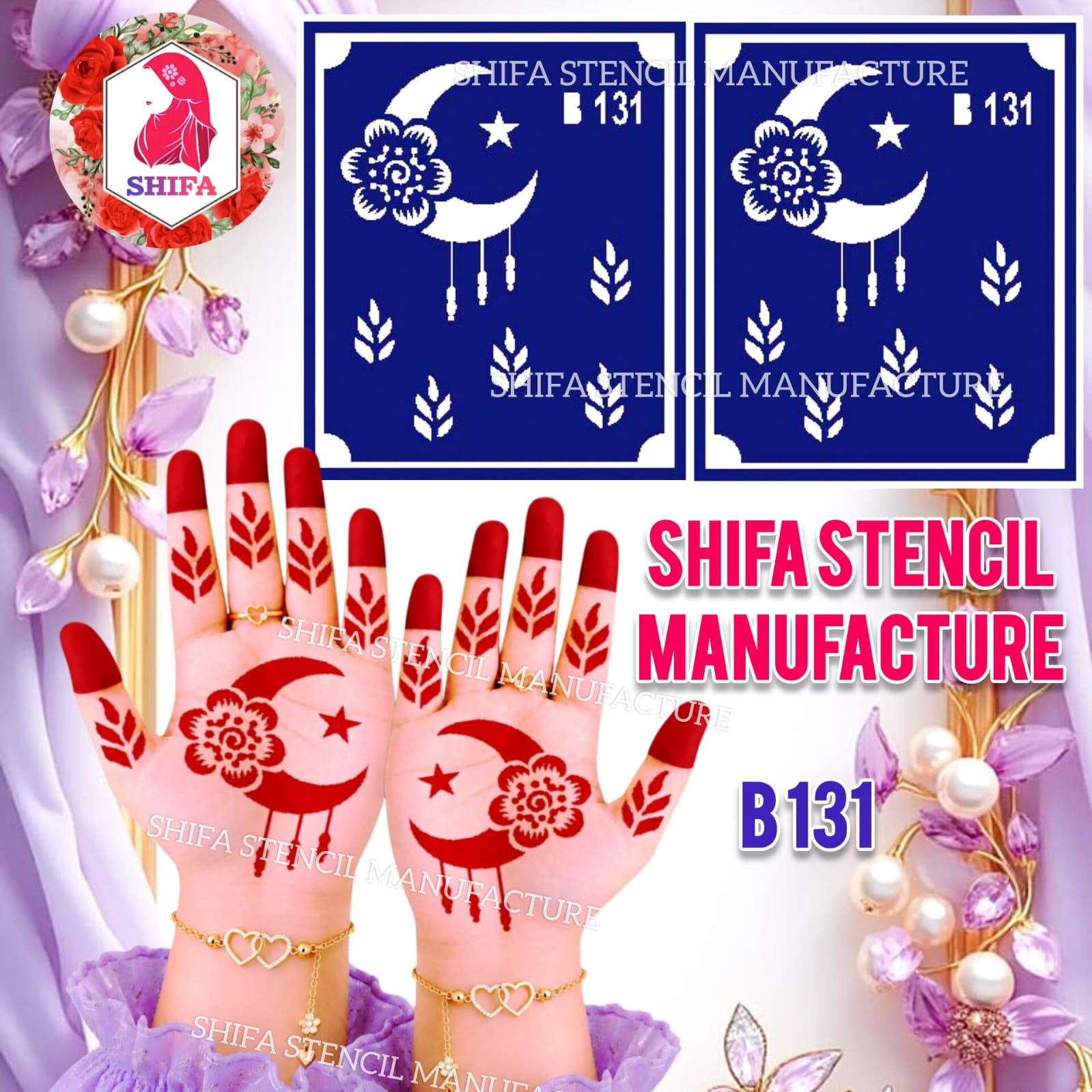 B131 Floral Crescent Moon Mehndi Stencil | Reusable Henna Hand Stencil - 131
 - Shifa Stencil Manufacturer