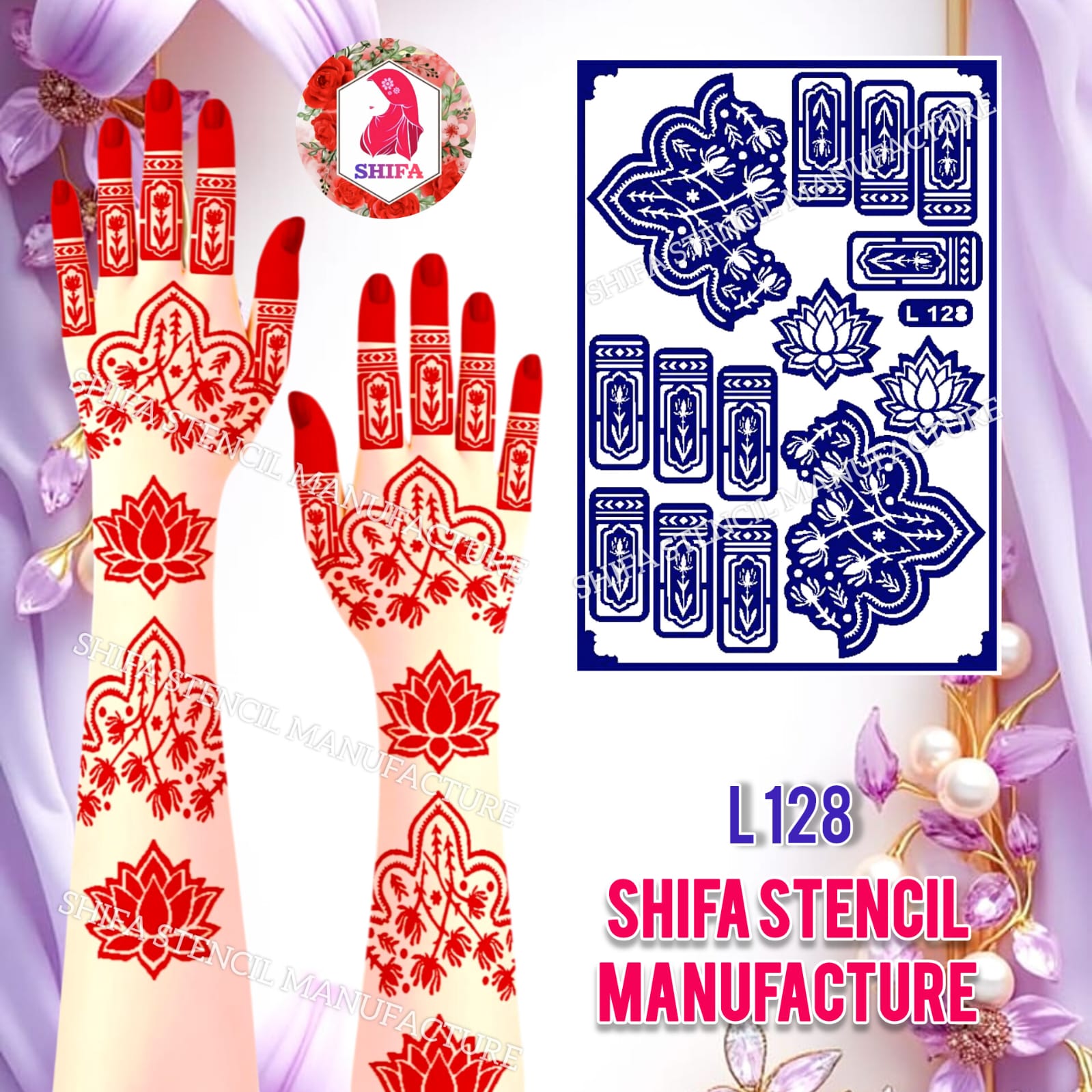 L128 Lotus Floral Full Hand Mehndi Stencil | Reusable Henna Design Lotus Floral Hand Stencil – L128 Henna Stencil - Shifa Stencil