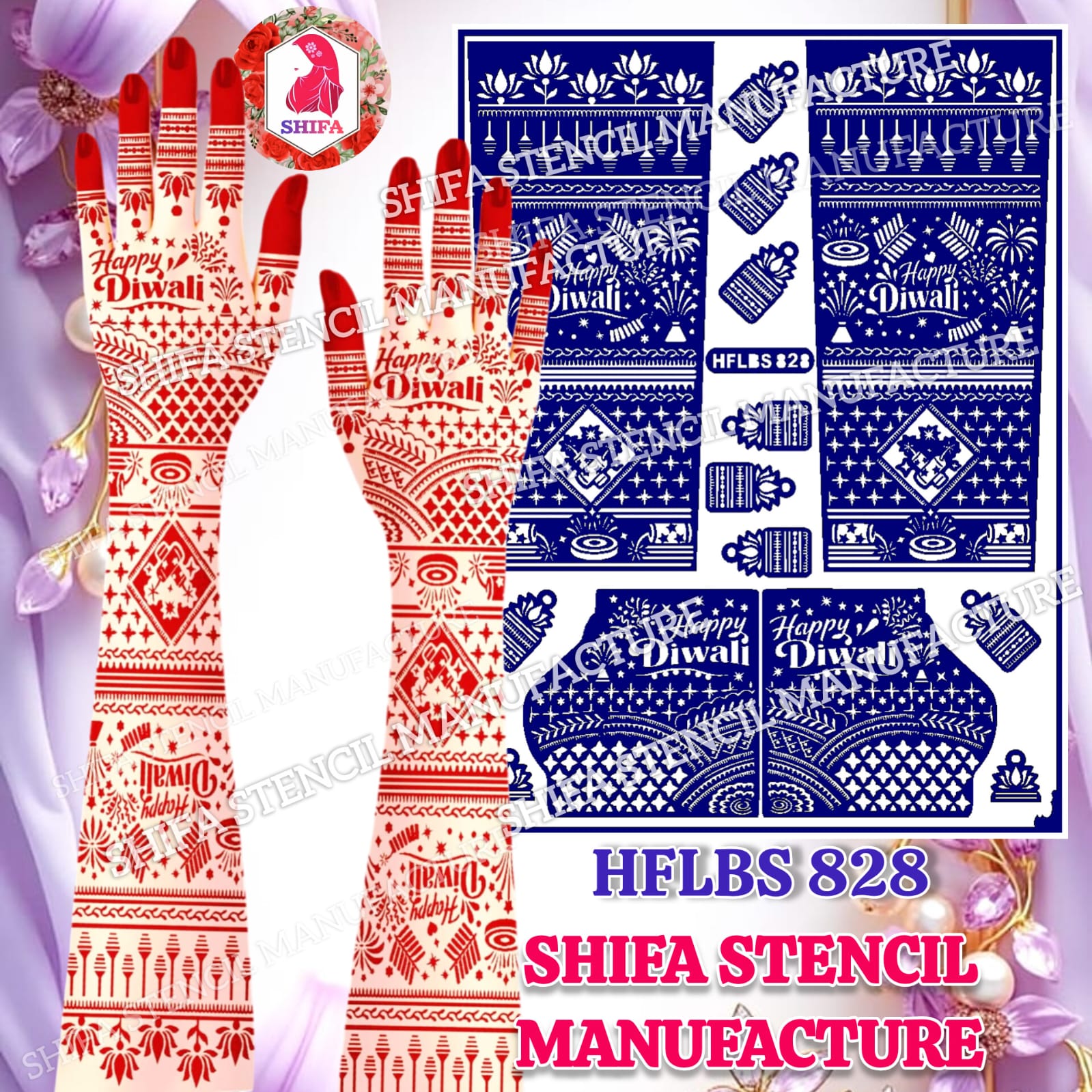 Happy Diwali Special Cracker Burst & Lattice Full Hand Mehndi Stencil (HFLBS 828) - 828 - Shifa Stencil Manufacturer