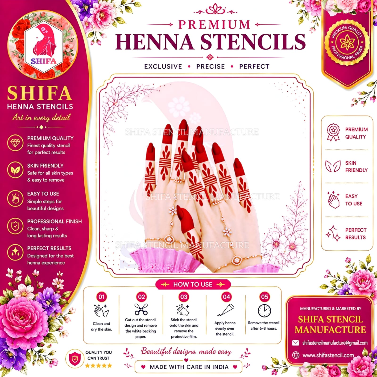 BF105 Leaf Band Finger Mehndi Henna Stencil | Reusable Geometric Floral Pattern instruction-sheet-105 Henna Stencil