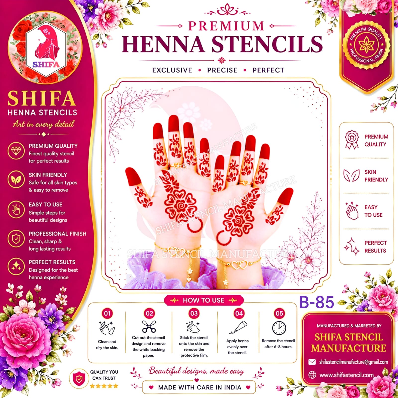 B85 Traditional Floral Hand Mehndi Stencil | Reusable Henna Design Traditional Floral Hand Stencil – B85 (2) Henna Stencil