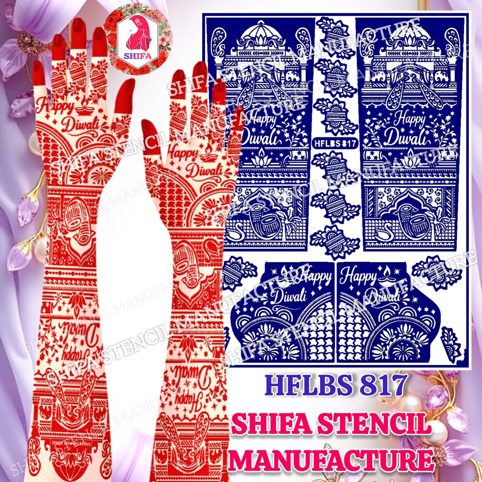 Happy Diwali Special Traditional Kalash & Peacock Full Hand Mehndi Stencil (HFLBS 817) - 817 - Shifa Stencil Manufacturer