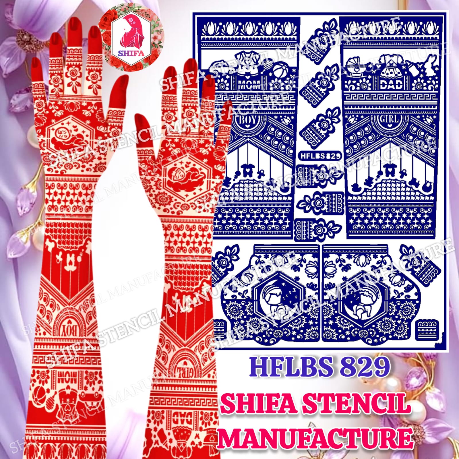 Special Baby Shower / Seemantham Family Motif Full Hand Mehndi Stencil (HFLBS 829) 829 - Baby Shower Henna Stencil - Shifa Stencil
