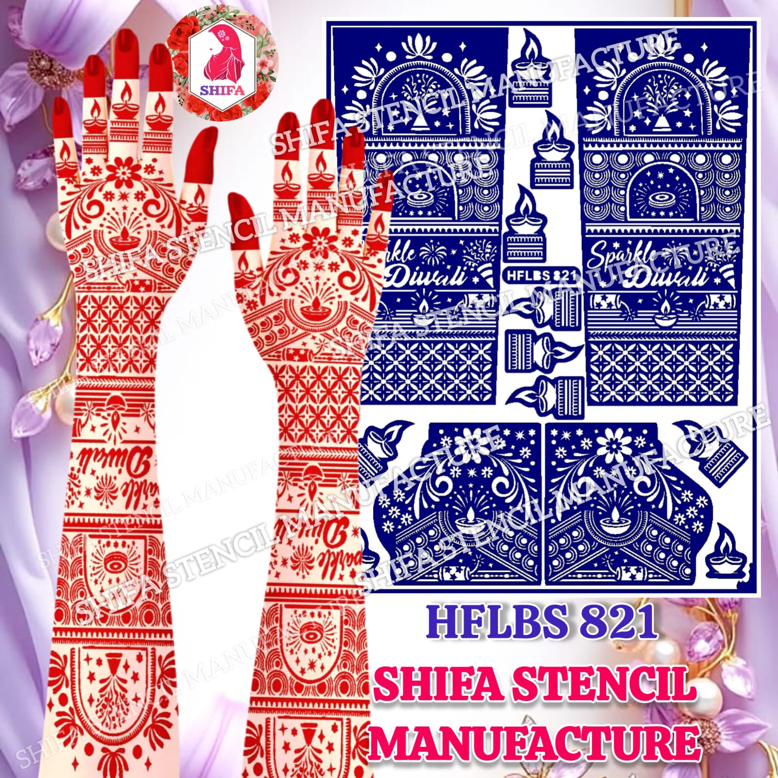 Sparkle Diwali Special Diya & Mandala Full Hand Mehndi Stencil (HFLBS 821) - 821 - Shifa Stencil Manufacturer