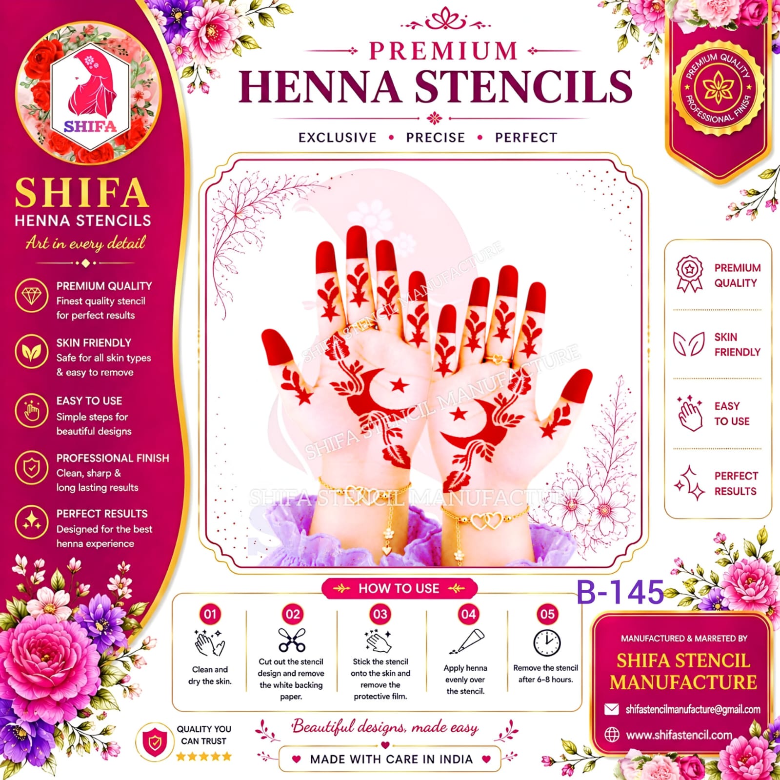 B145 Leafy Crescent Moon Mehndi Stencil | Reusable Henna Hand Stencil 145 (2) Henna Stencil