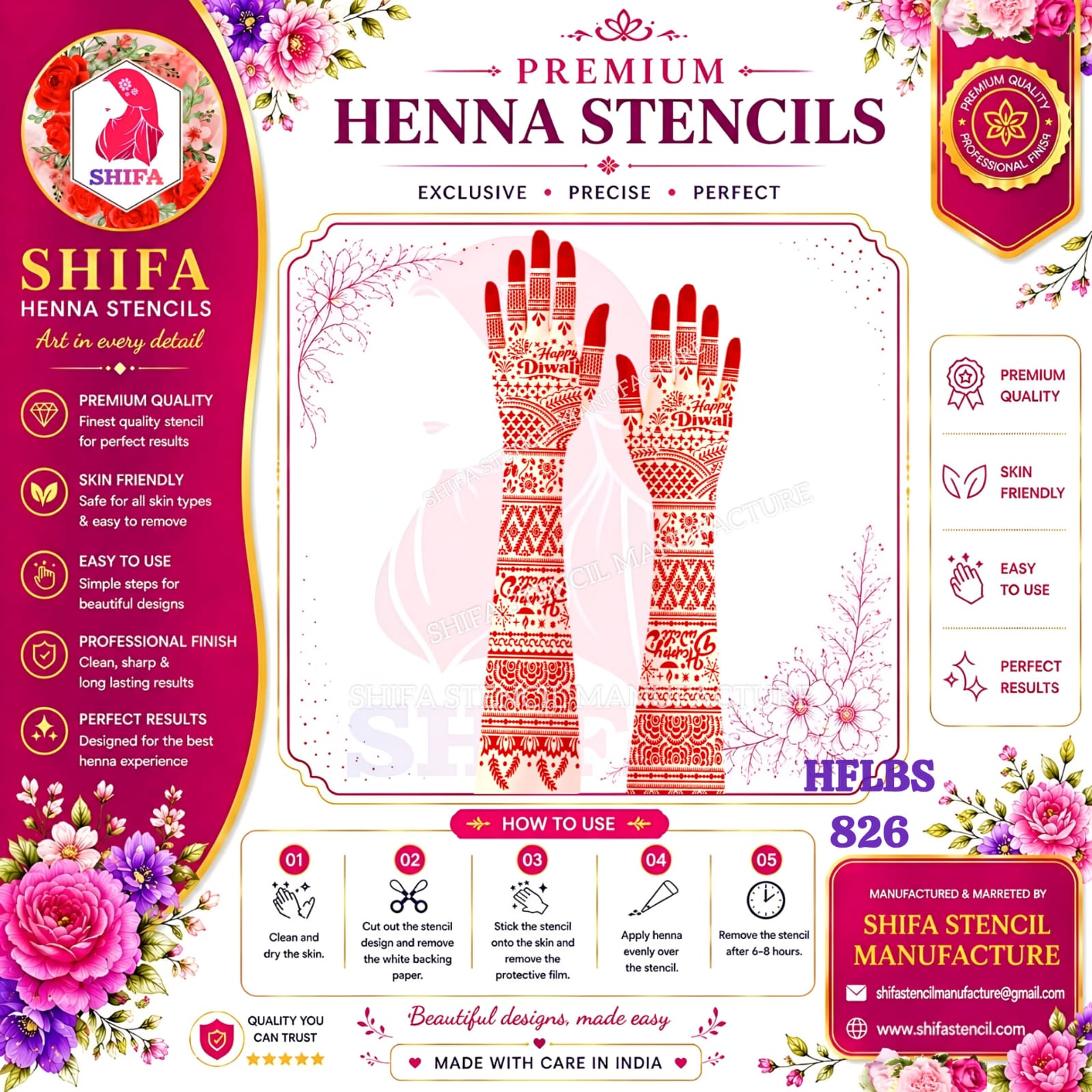 Happy Diwali Special Floral Rose & Jaali Full Hand Mehndi Stencil (HFLBS 826) 826 (2) Henna Stencil
