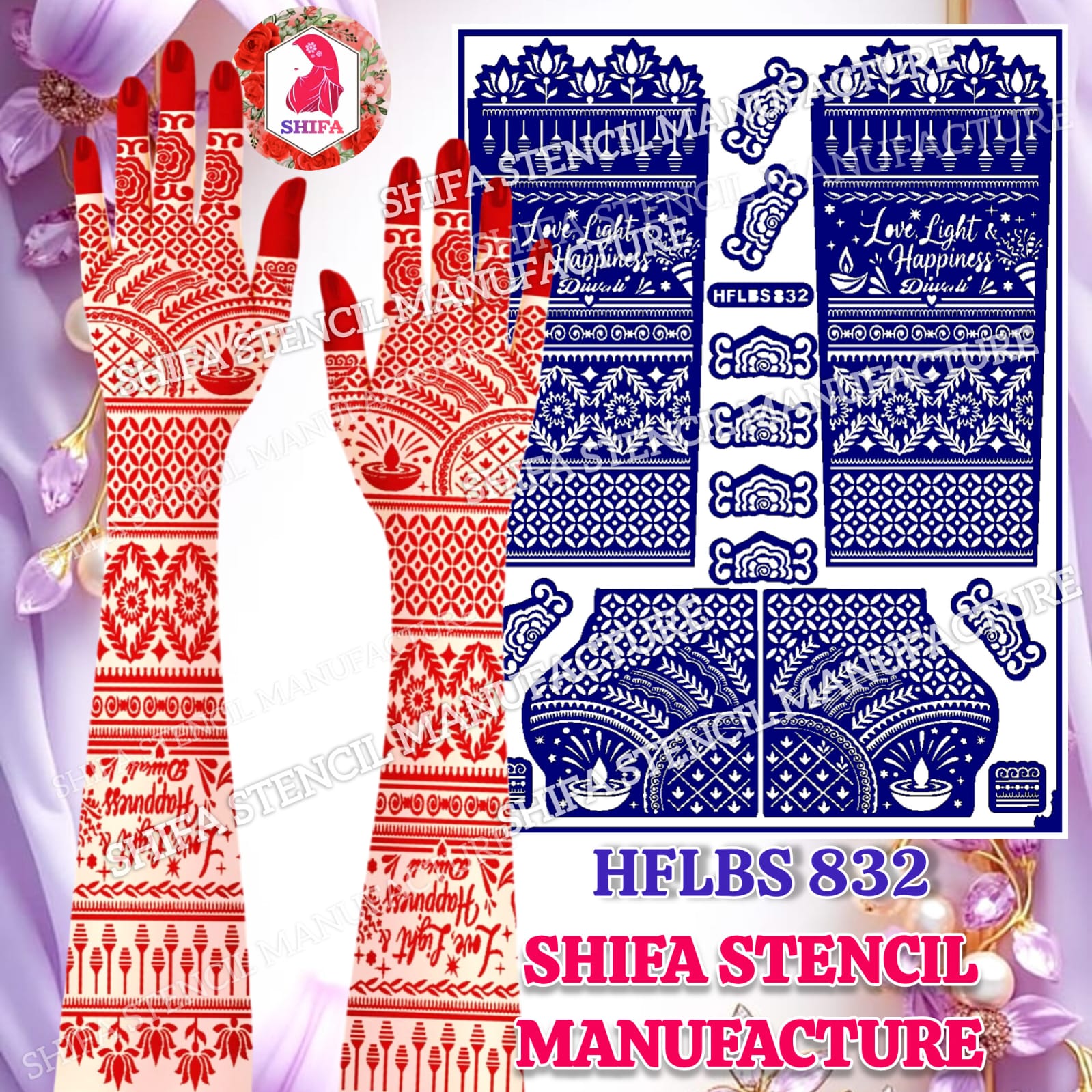 Love Light & Happiness Diwali Special Full Hand Mehndi Stencil (HFLBS 832) - 832 - Shifa Stencil Manufacturer