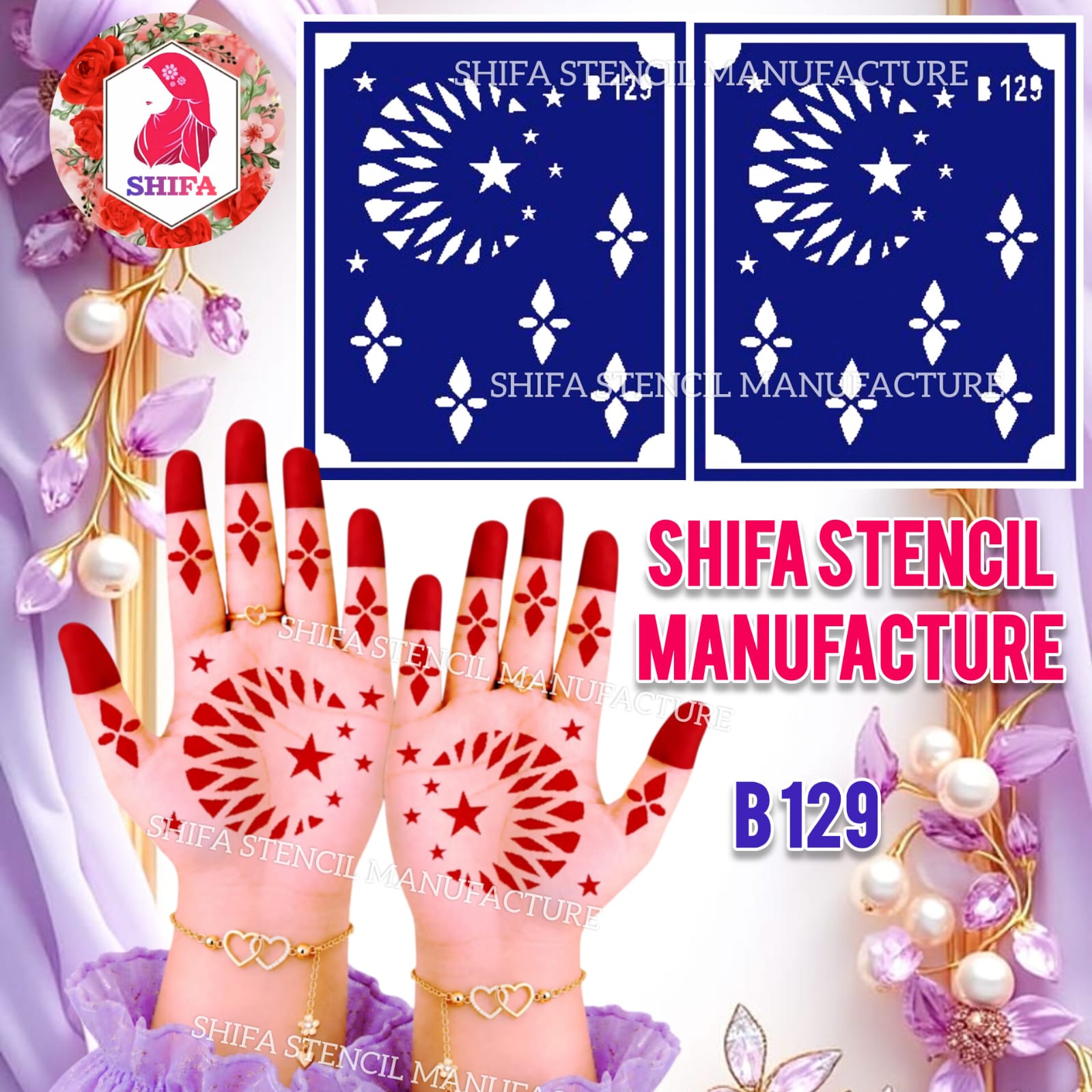 B129 Star Crescent Moon Mehndi Stencil | Reusable Henna Hand Stencil - 129
 - Shifa Stencil Manufacturer