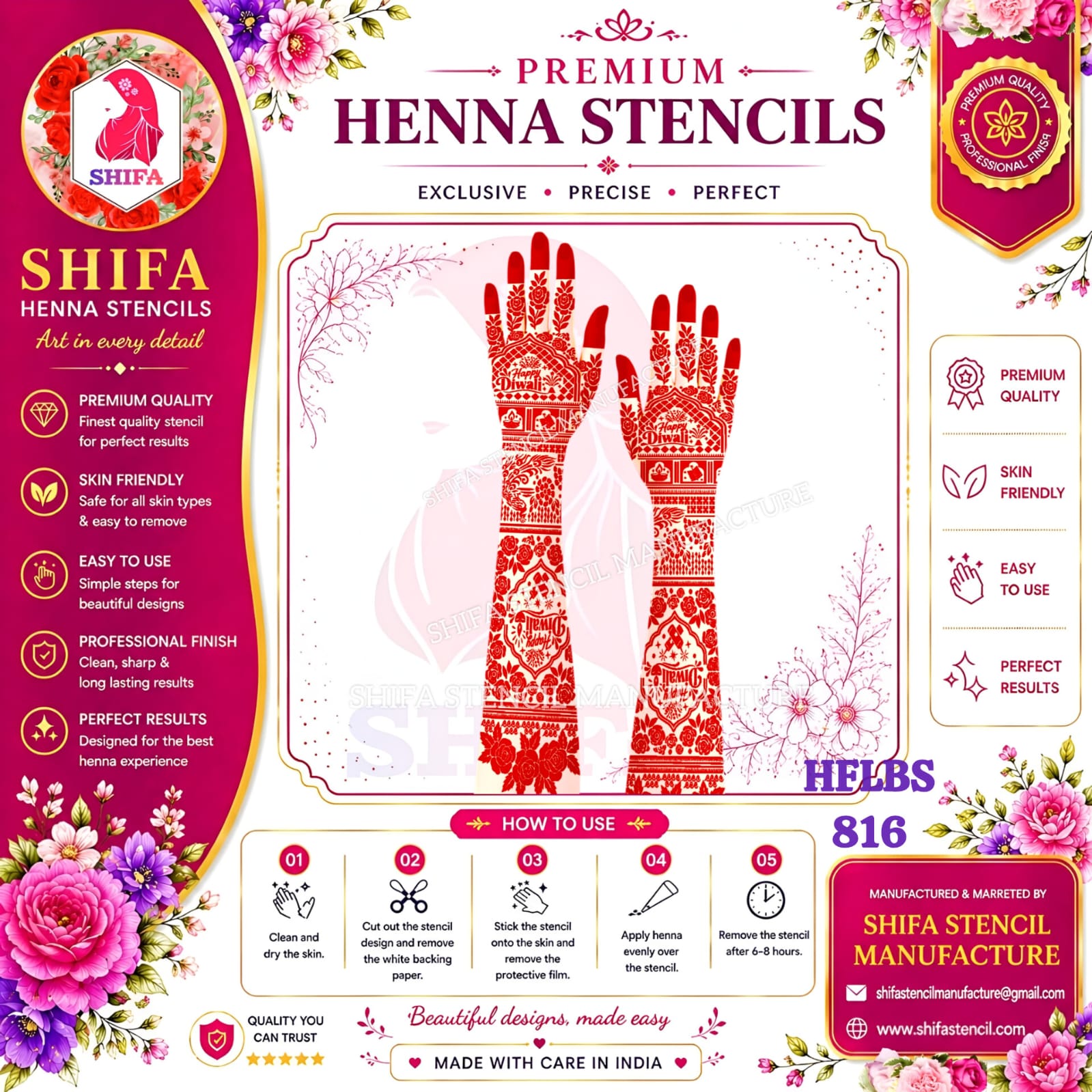 Happy Diwali Special Royal Peacock & Rose Full Hand Mehndi Stencil (HFLBS 816) – Reusable Sticker Sheet 816 (2) Henna Stencil