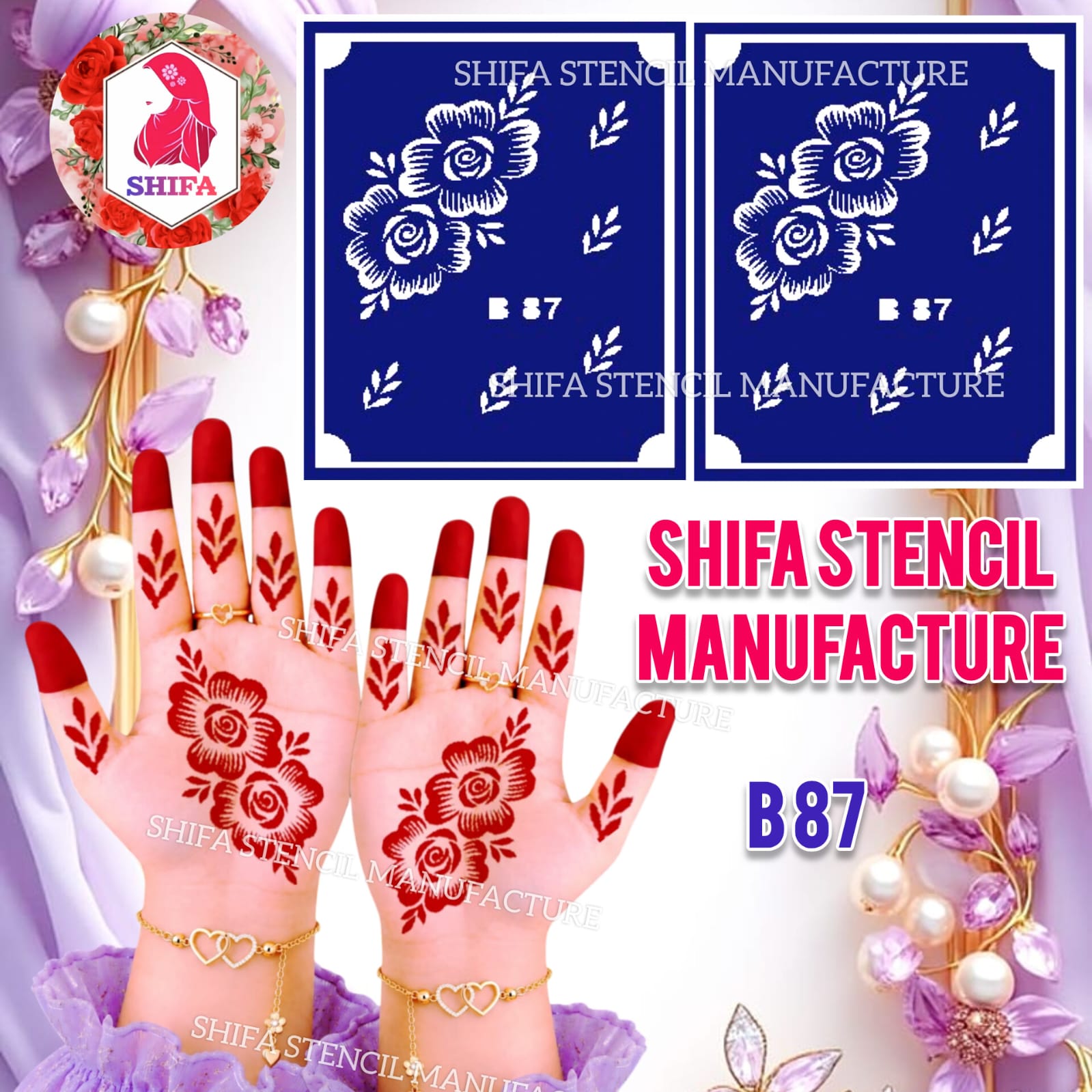B87 Floral Blossom Hand Mehndi Stencil | Reusable Henna Design - Floral Blossom Hand Stencil – B87 - Shifa Stencil Manufacturer