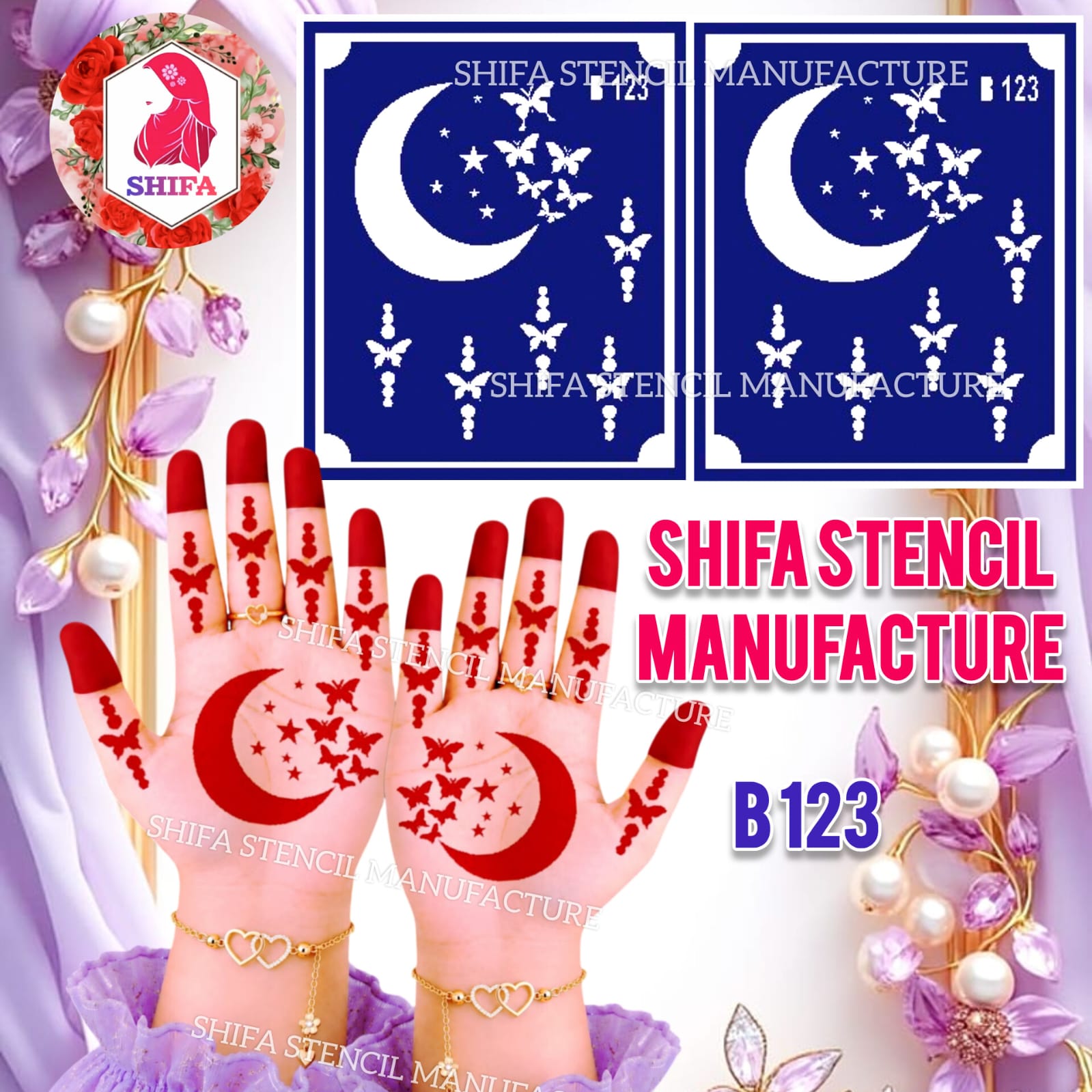B123 Crescent Moon & Butterfly Hand Mehndi Stencil | Reusable Henna Design - Crescent Moon & Butterfly Hand Stencil – B123 - Shifa Stencil Manufacturer