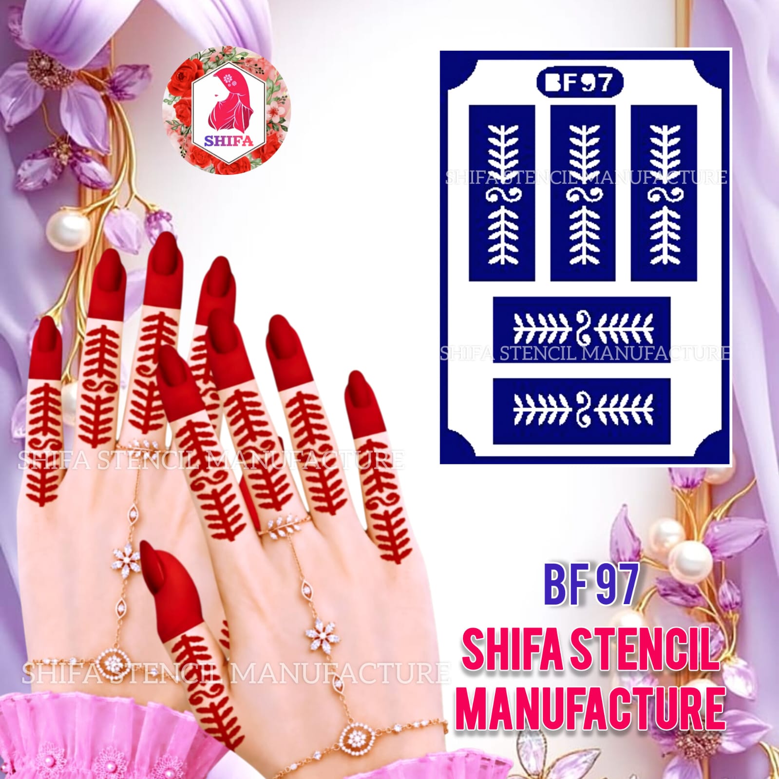 BF97 Leaf  Spiral Finger Mehndi Henna Stencil Reusable Botanical Finger Design. Leaf Spiral Finger Stencil - BF97 Henna Stencil - Shifa Stencil