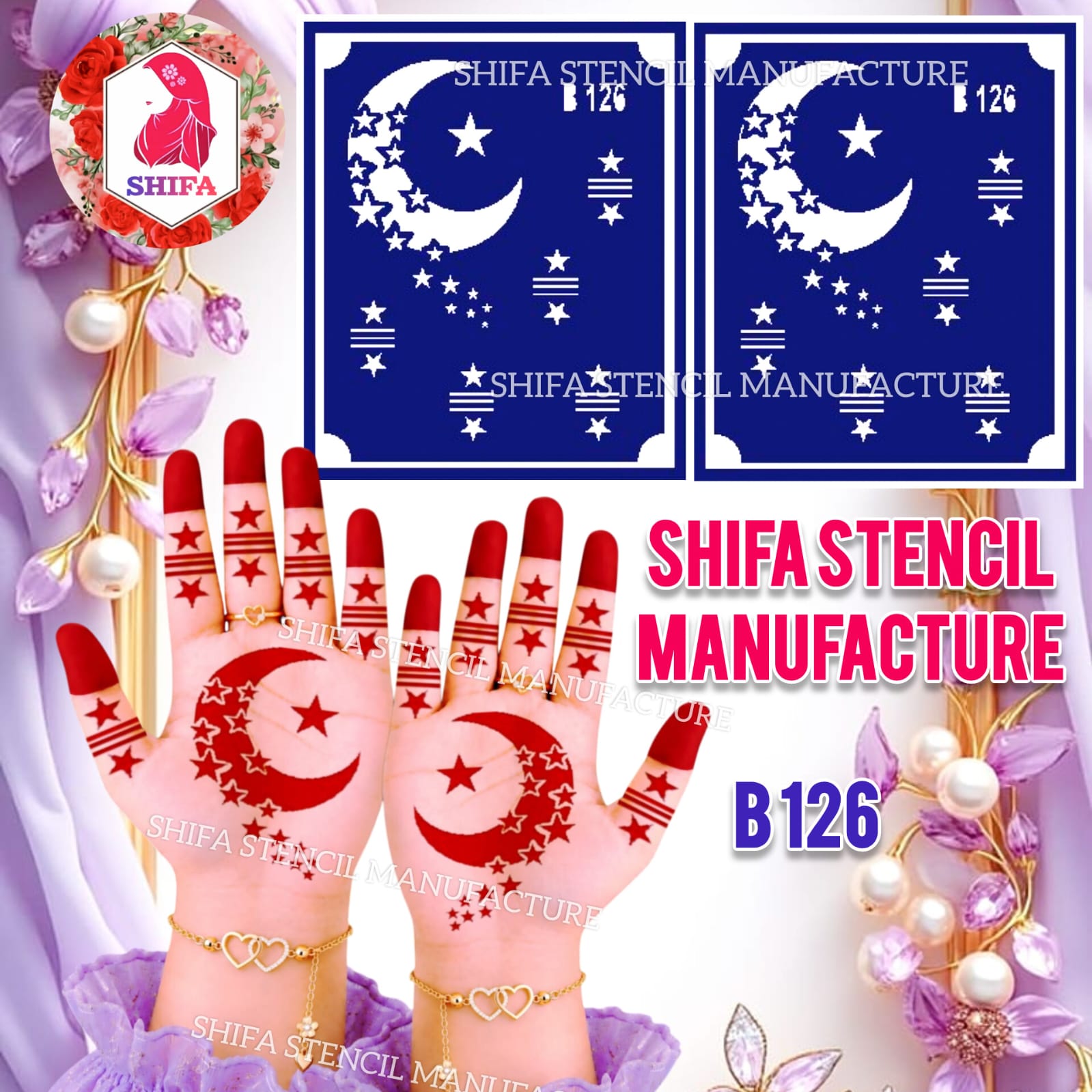 B126 Crescent Moon & Star Mehndi Stencil | Reusable Henna Design - 126 - Shifa Stencil Manufacturer