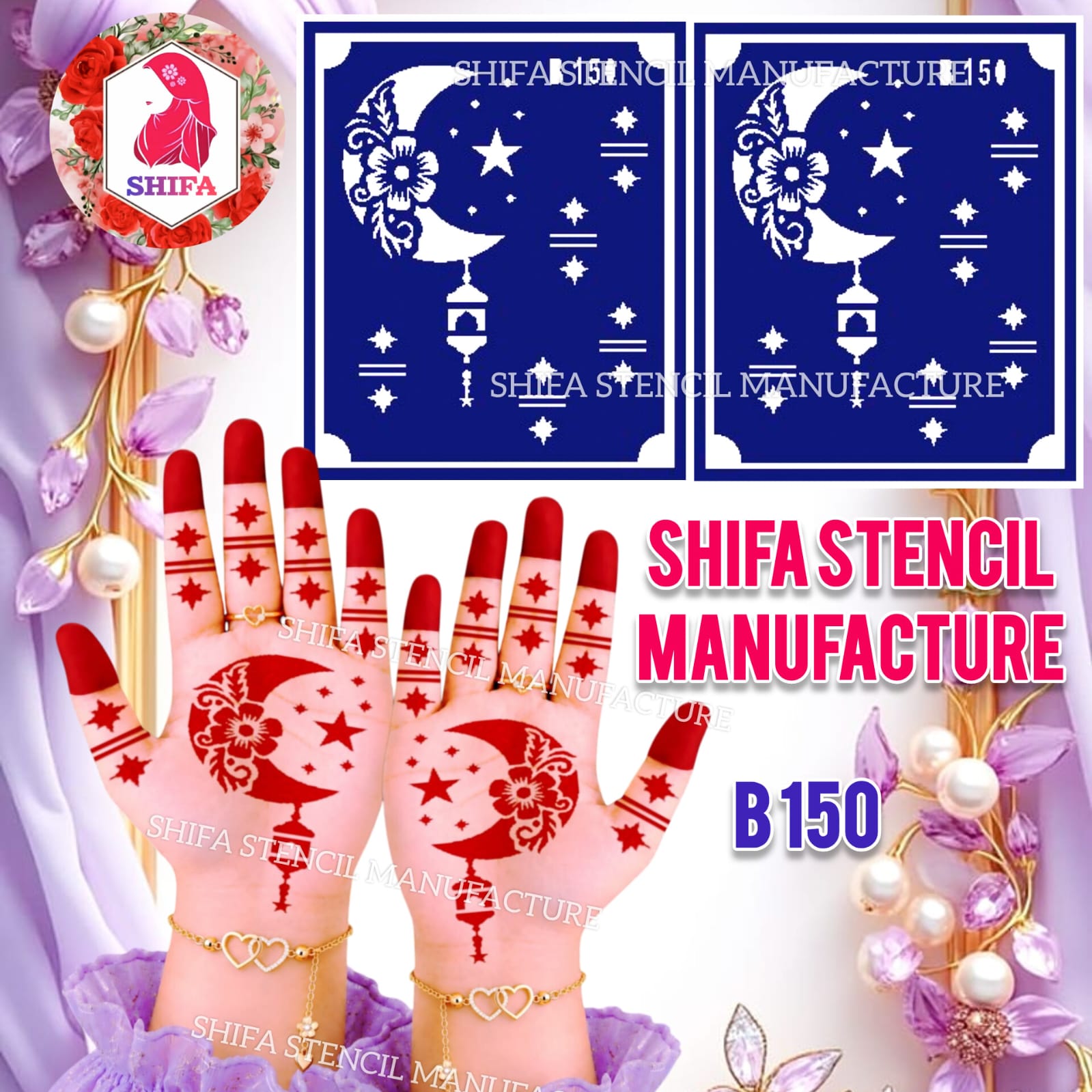 B150 Floral Crescent Moon & Star Mehndi Stencil | Reusable Henna Design - 150 - Shifa Stencil Manufacturer