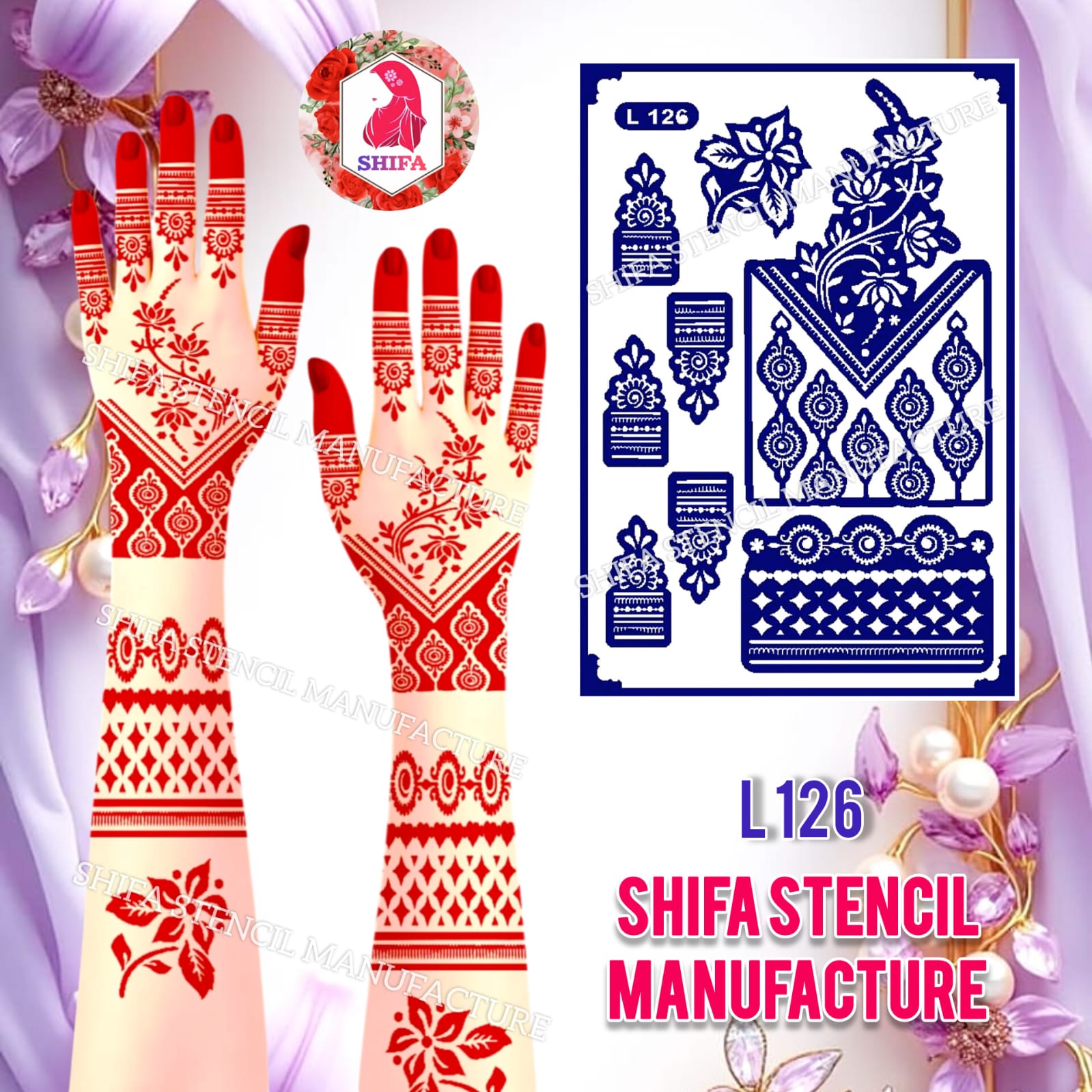 L126 Floral V-Shaped Full Hand Mehndi Stencil | Reusable Henna Design. Floral V-Shaped Hand Stencil – L126 Henna Stencil - Shifa Stencil