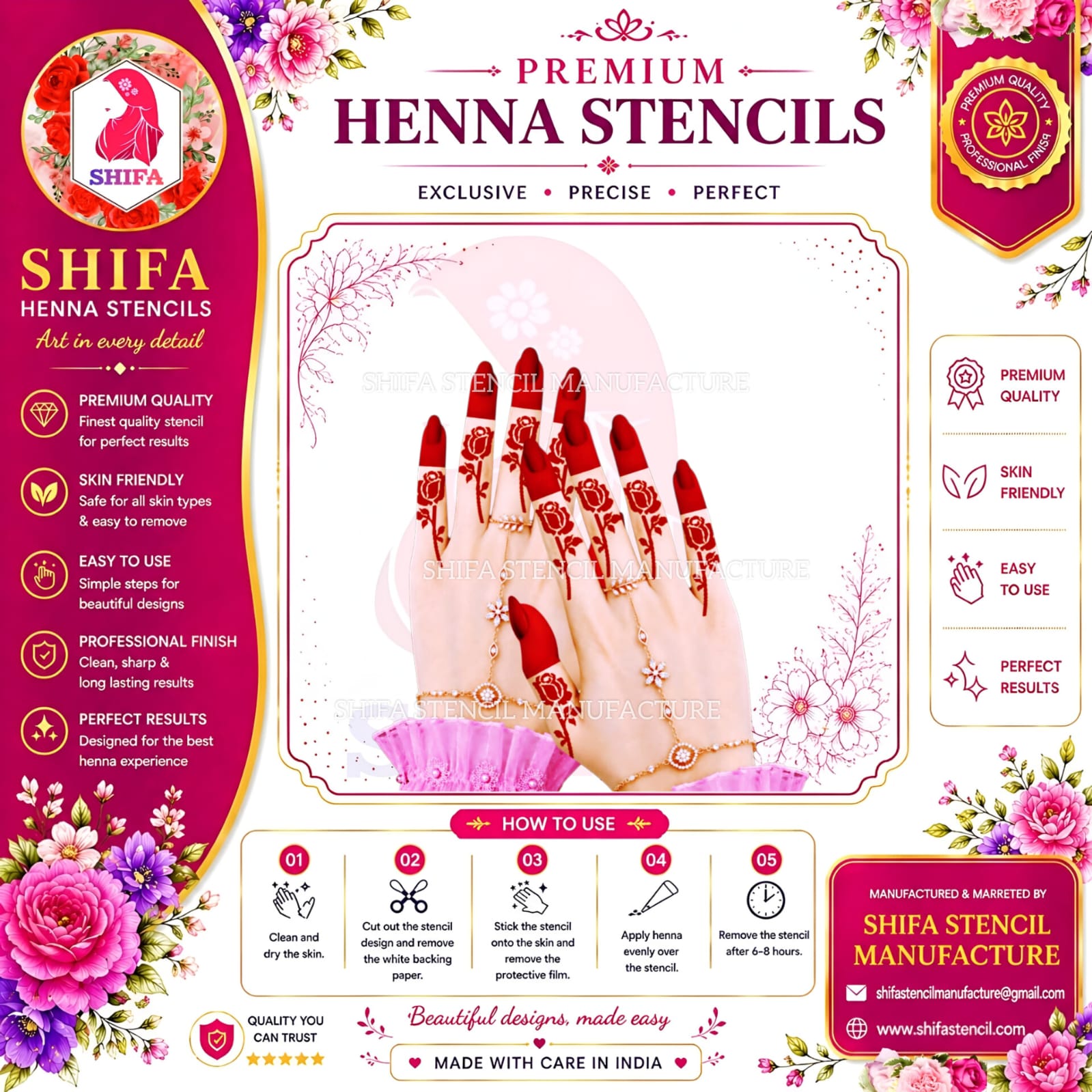 BF1077 Rose Flower Finger Mehndi Henna Stencil | Reusable Floral Vine Design instruction-sheet-1077 Henna Stencil
