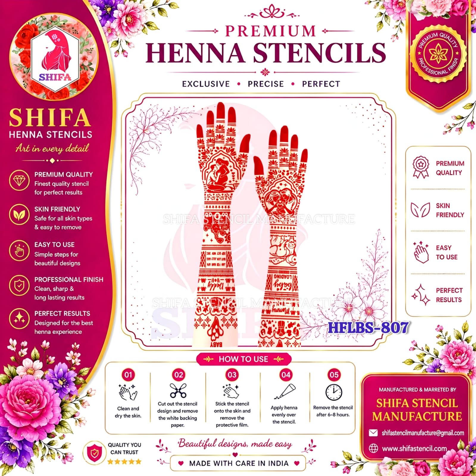 HFLBS 807 Baby Shower Mehndi Stencil | Reusable Full Hand Henna Stencil | Pregnancy & Mommy Baby Design 807 (2) Henna Stencil