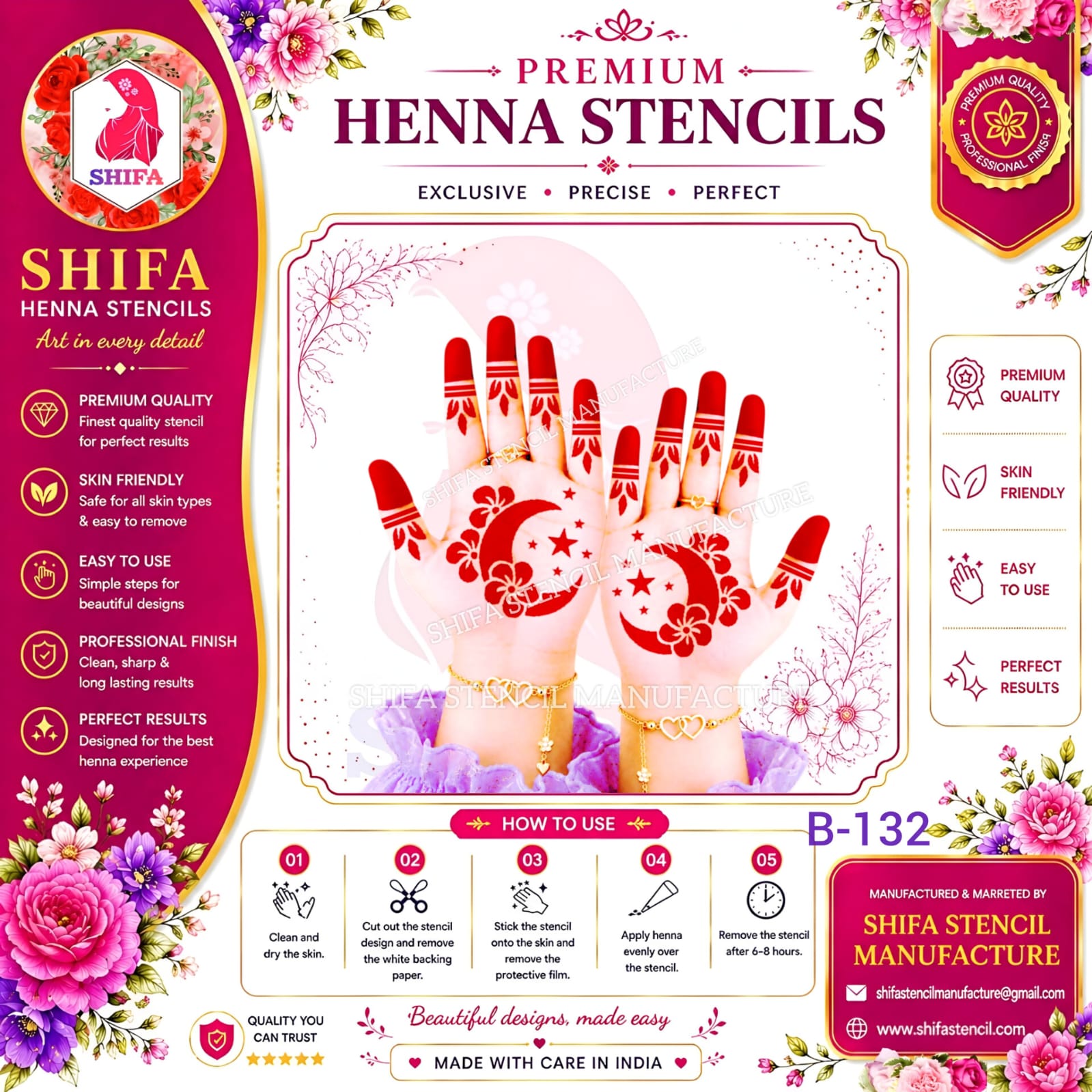 B132 Crescent Moon & Floral Mehndi Stencil | Reusable Henna Design 132 (2) Henna Stencil