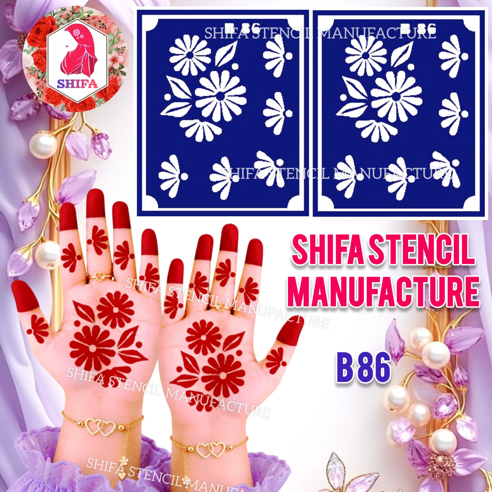 B86 Simple Flower Hand Mehndi Stencil | Reusable Henna Design - Simple Flower Hand Stencil – B86 - Shifa Stencil Manufacturer