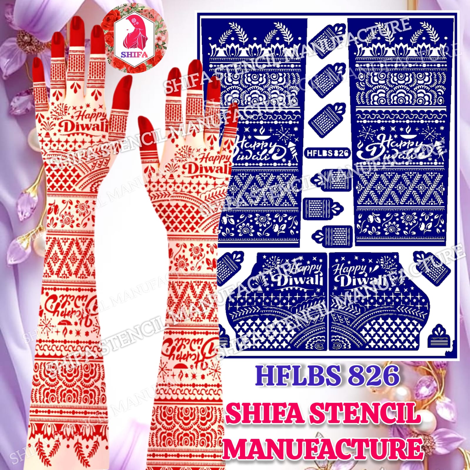 Happy Diwali Special Floral Rose & Jaali Full Hand Mehndi Stencil (HFLBS 826) - 826 - Shifa Stencil Manufacturer