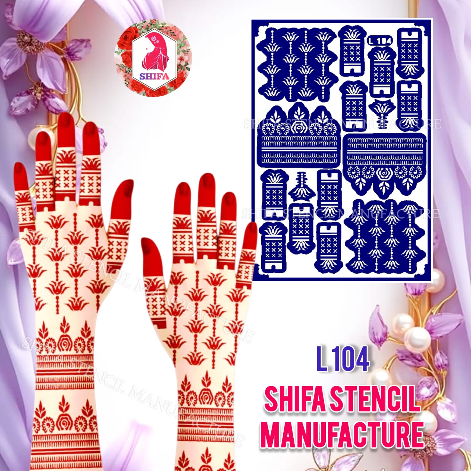 L104 Lotus Pattern Full Hand Mehndi Stencil | Reusable Henna Design Lotus Pattern Hand Stencil – L104
 Henna Stencil - Shifa Stencil