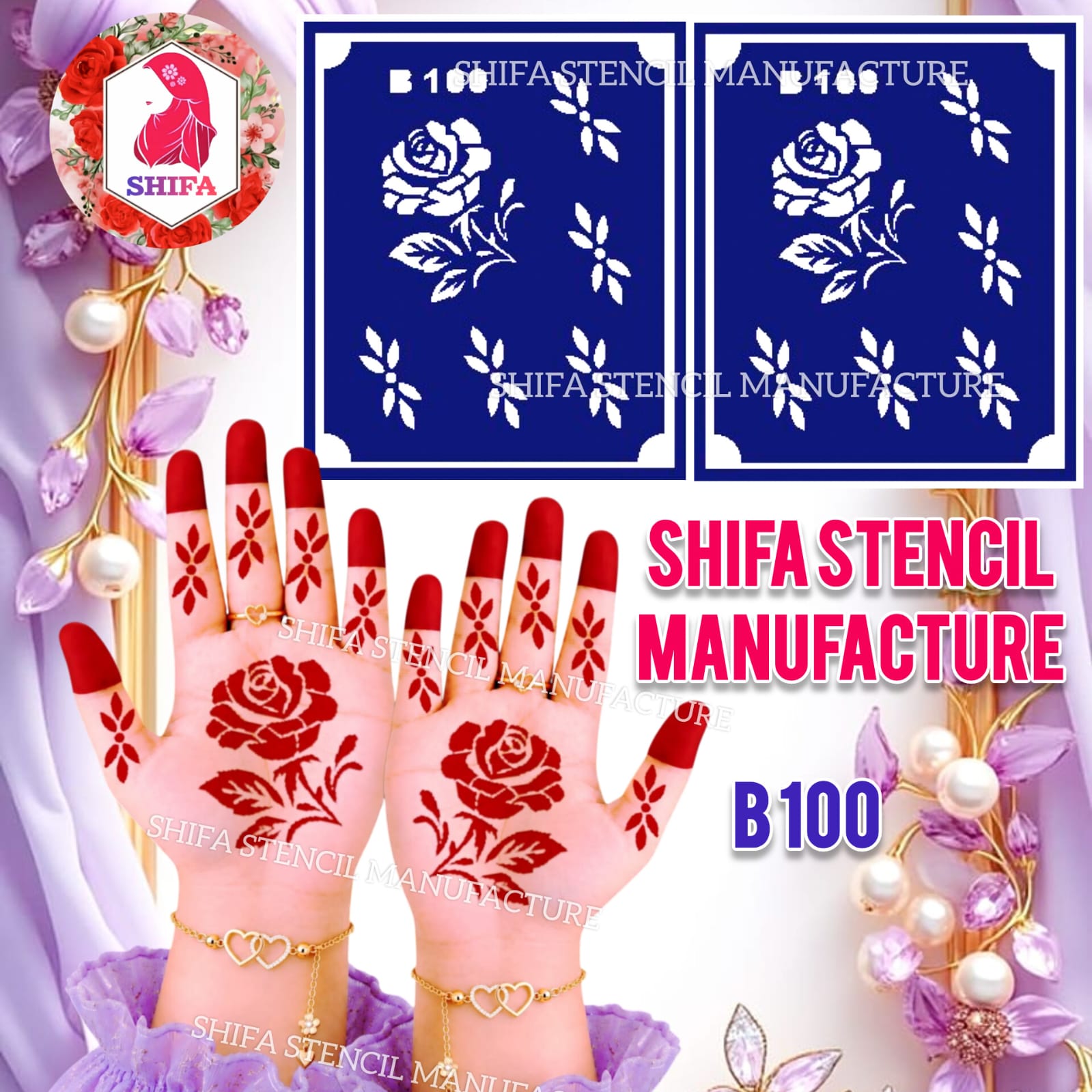 B100 Rose Floral Hand Mehndi Stencil | Reusable Henna Design - Rose Floral Hand Stencil – B100 - Shifa Stencil Manufacturer